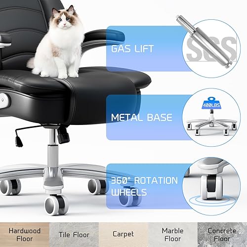 Miniatura 7 de GYI Silla de oficina grande y alta, asiento ancho de 400 libras, silla ergonómica de cuero con respaldo alto y brazos abatibles, color negro