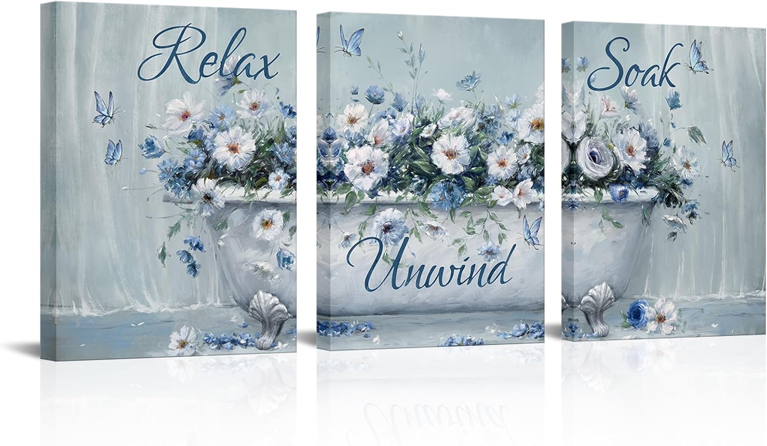 WELMECO Bathroom Decor Wall Art Flower Bathtub Painting Bathroom Signs Relax Soak Unwind Prints Framed 12"x16"x3 Pieces (Blue)