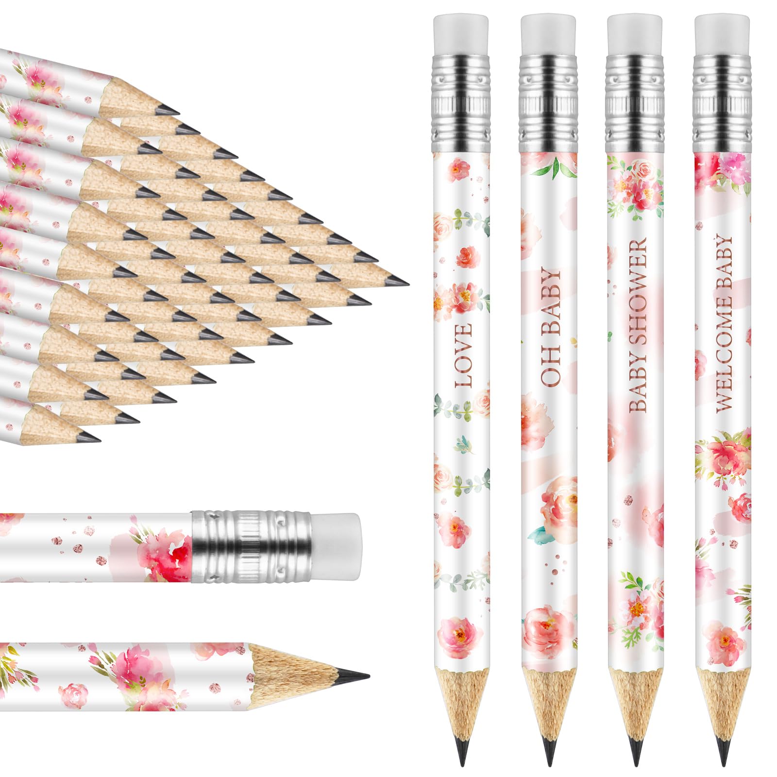 Tinlade 60 Pcs Bloom Floral Baby Shower Golf Pencils with Erasers Small Kids Sharpened Mini Pencils for School in Bloom Baby Shower Supplies