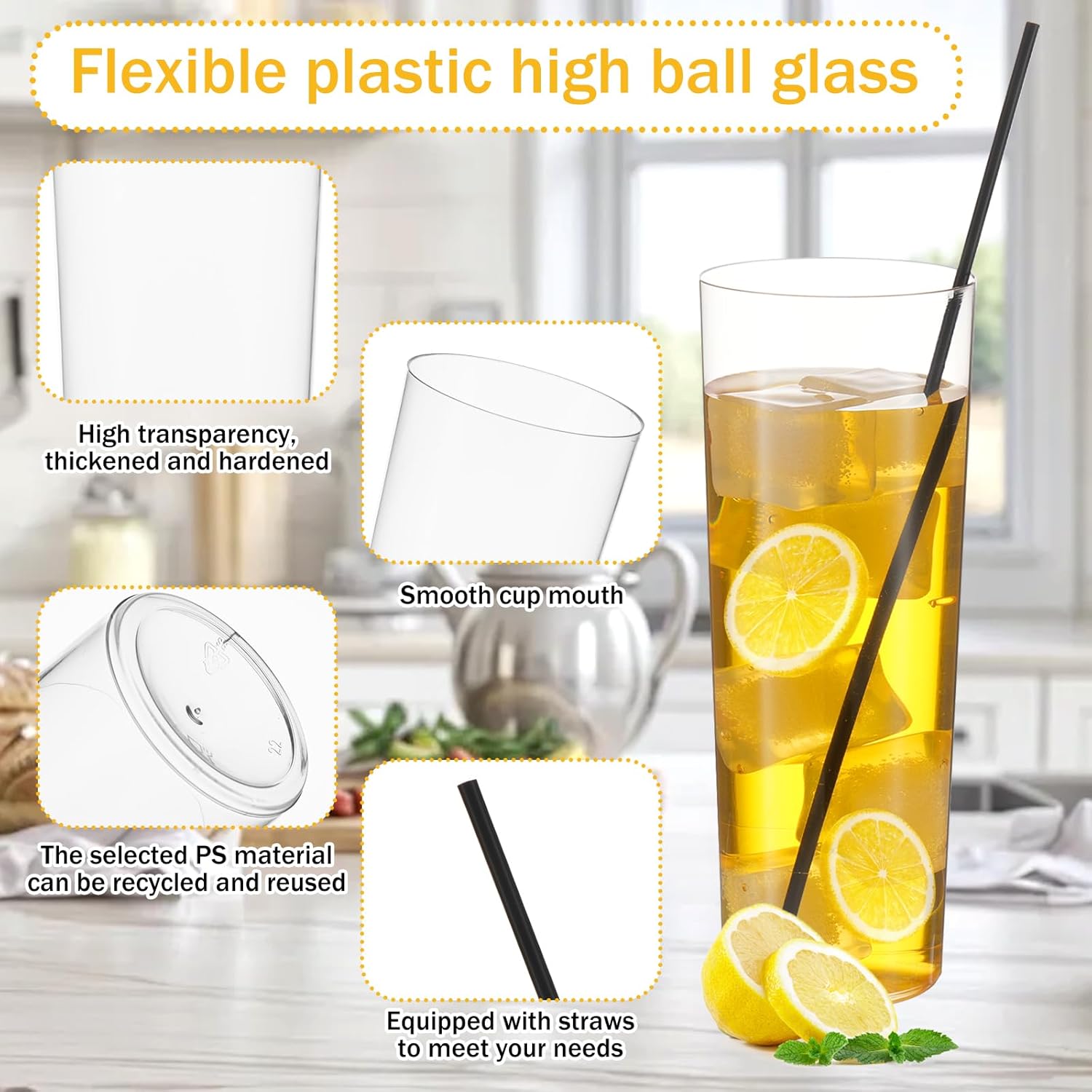 60 Pack Plastic Highball Glasses with Straws, 10 oz Shatterproof Drinking Cup Clear with Reusable Straws, Durable Disposable Tumbler for Parties,Weddings,Bars,Event, Tall Whiskey Collins Glass