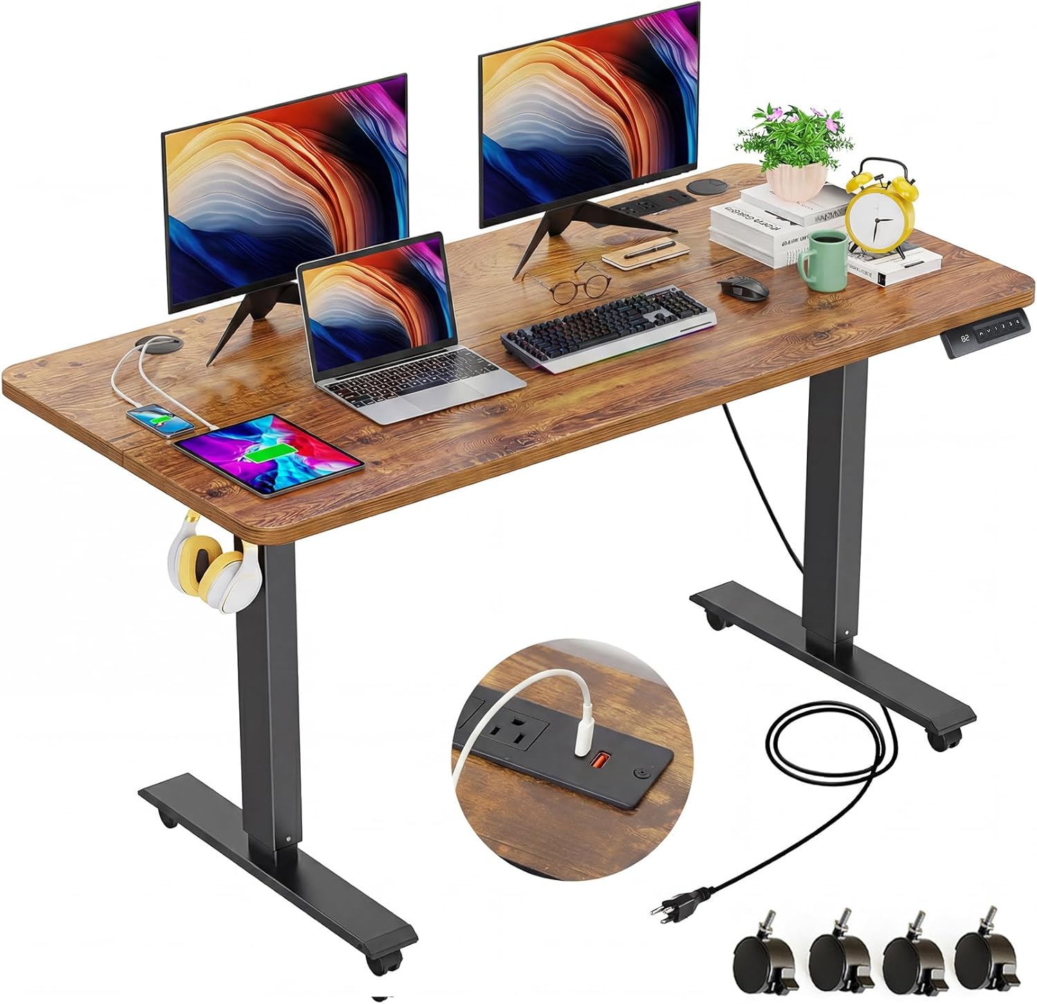 farexon 48 x 24 inch Standing Desk Electric Adjustable Height with Charging Station, Stand up Desk with Ergonomic Workstation, Preset Heights Home Office Gaming Computer Workstations Table(Brown)