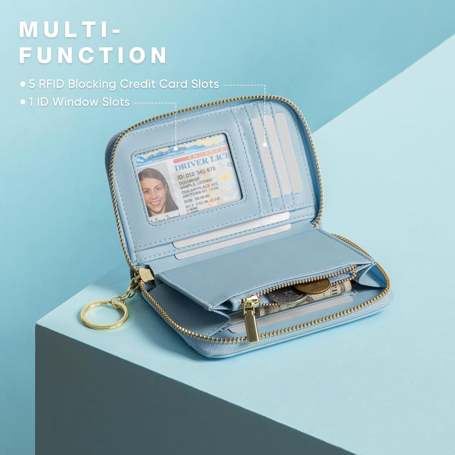 Vulkitty Wallet Women Zipper Bifold Small Leather Card Holder Wallet RFID Blocking with ID Window and Coin Pocket Blue - Image 2