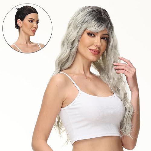 Miniatura 26 de Rose bud Long Curly Wavy Haze Green Wig with Fringe Adjustable 24 Inch Synthetic Cosplay Daily Hair Wigs for Women