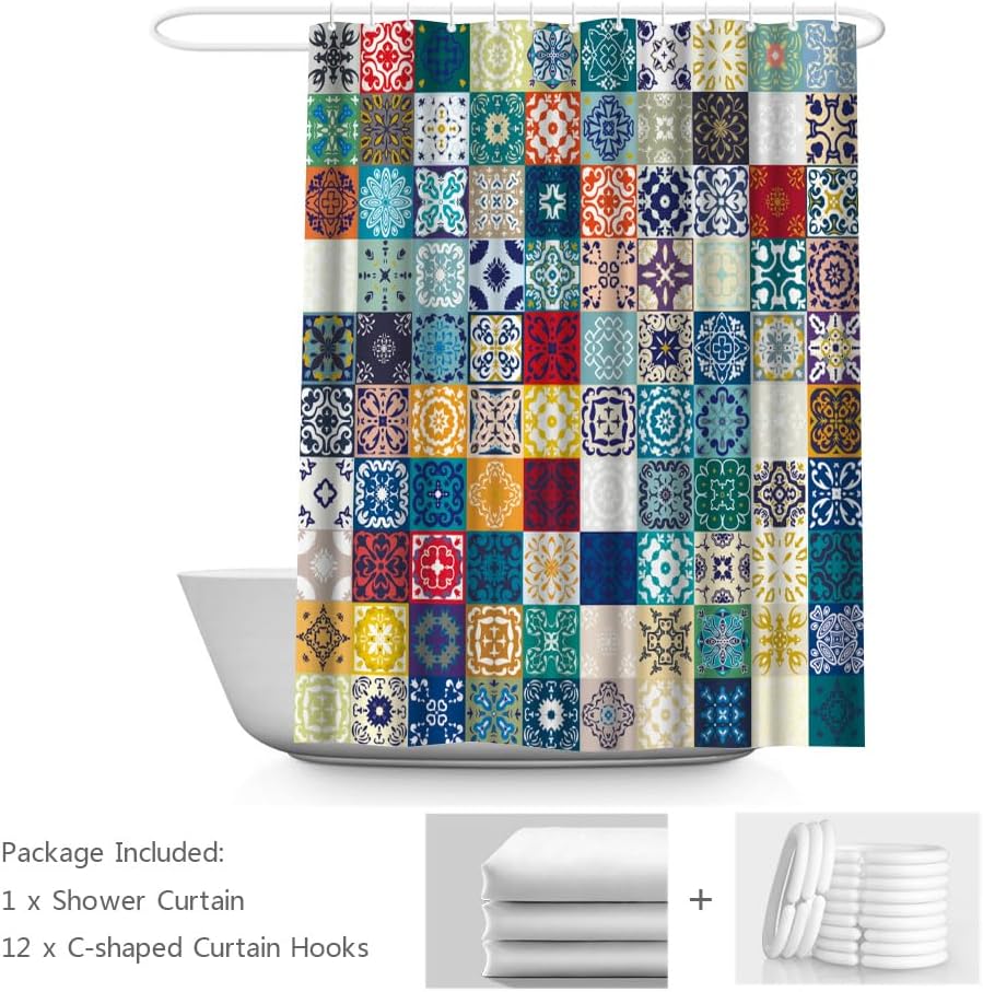 LUKUY Boho Patchwork Shower Curtain - 72x72Inch Fabric Bohemian Patchwork Flower Moroccan Shower Curtain for Bathroom