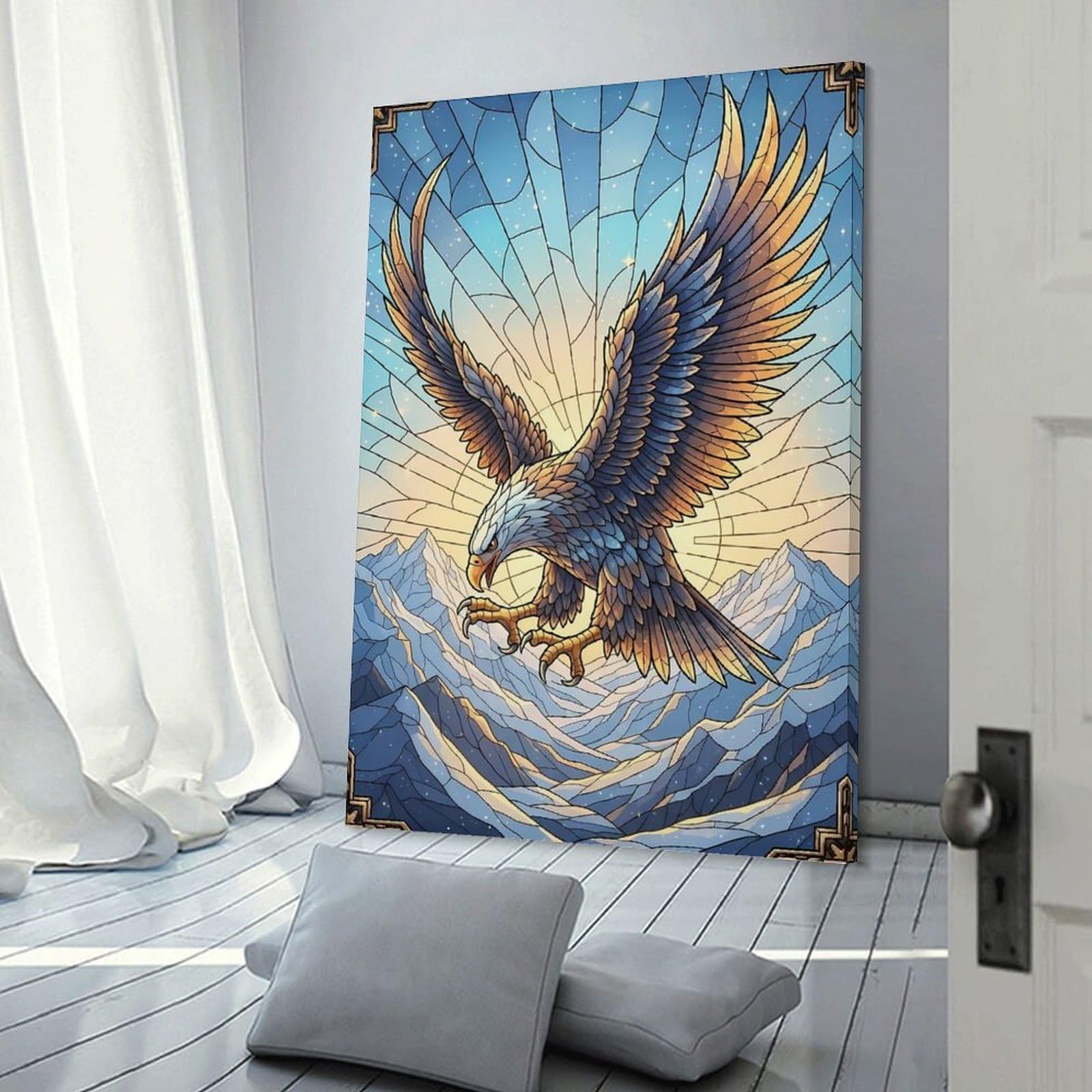 Junmoney Stained Glass Eagle Over Mountains Canvas Wall Decor, 20x30inch(50x75cm), for Gallery Wall Decor And Room Displays, Wall Decor Suited to Curated Displays