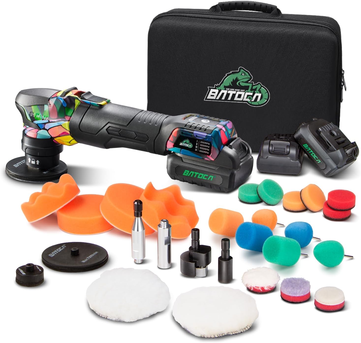 BATOCA S4 Cordless Polisher for Car Detailing with 2Pcs 12V 2.5Ah Batteries, Both Rotary Buffer & Dual Action Polisher, 1&3inch Brushless Polisher, Basic Kit