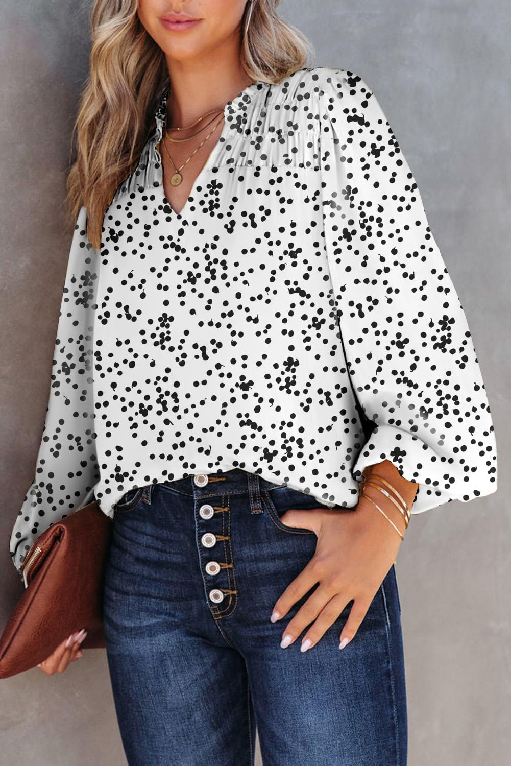 BLENCOT Women's Casual Boho Floral Print Chiffon Blouses Smocked V Neck Long Sleeve Loose Tops Shirts - Image 3