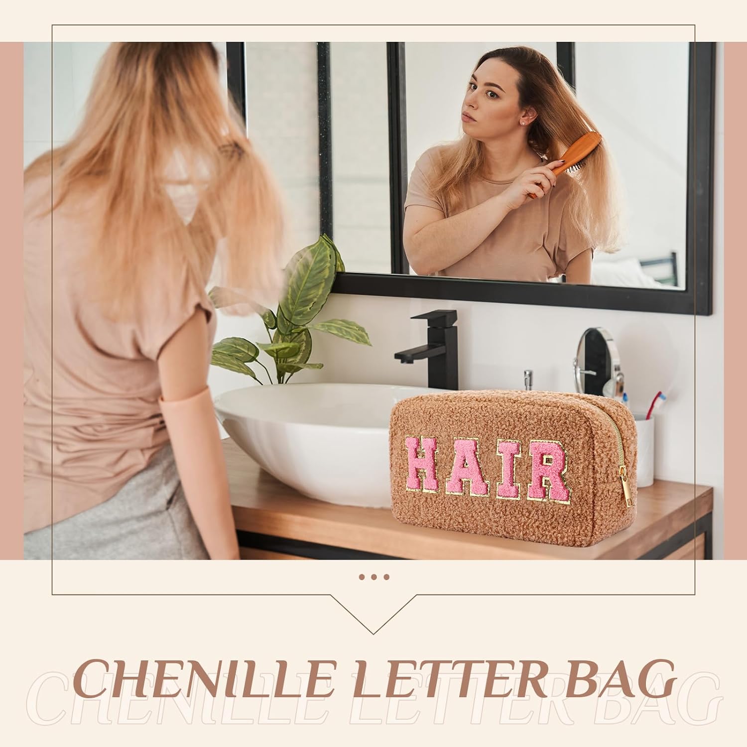 Paterr 4 Pcs Christmas Chenille Letter Preppy Patches Makeup Pouch Bag Plush Fuzzy Makeup Pouch Hair Skin Face Stuff Bag Large Cosmetic Purse Zipper Travel Toiletry Kit for Gift(Pink Beige Colors)