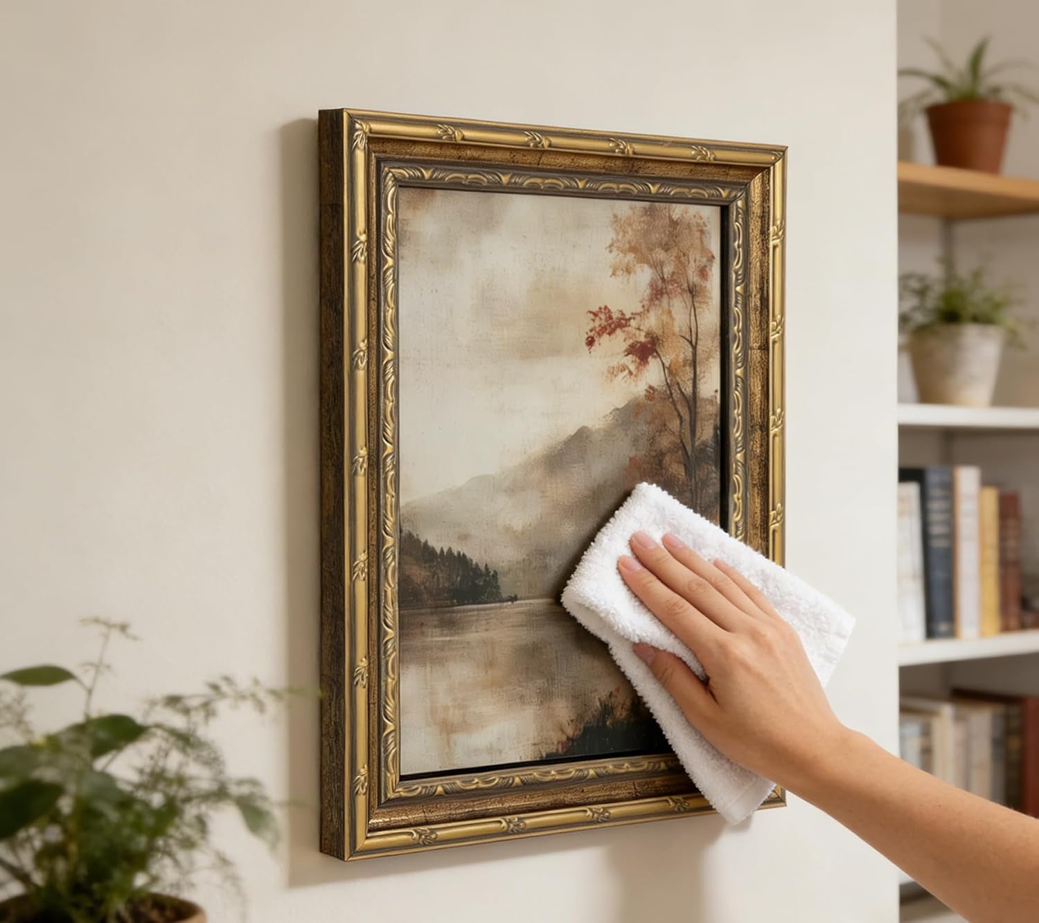 Gold Framed Vintage Fall Landscape Canvas Wall Art, Rustic Moody Lakeside Painting Picture Wall Decor,Autumn Nature Lake Poster Print Artwork, for Living Room Farmhouse Home Decoration 12x16in