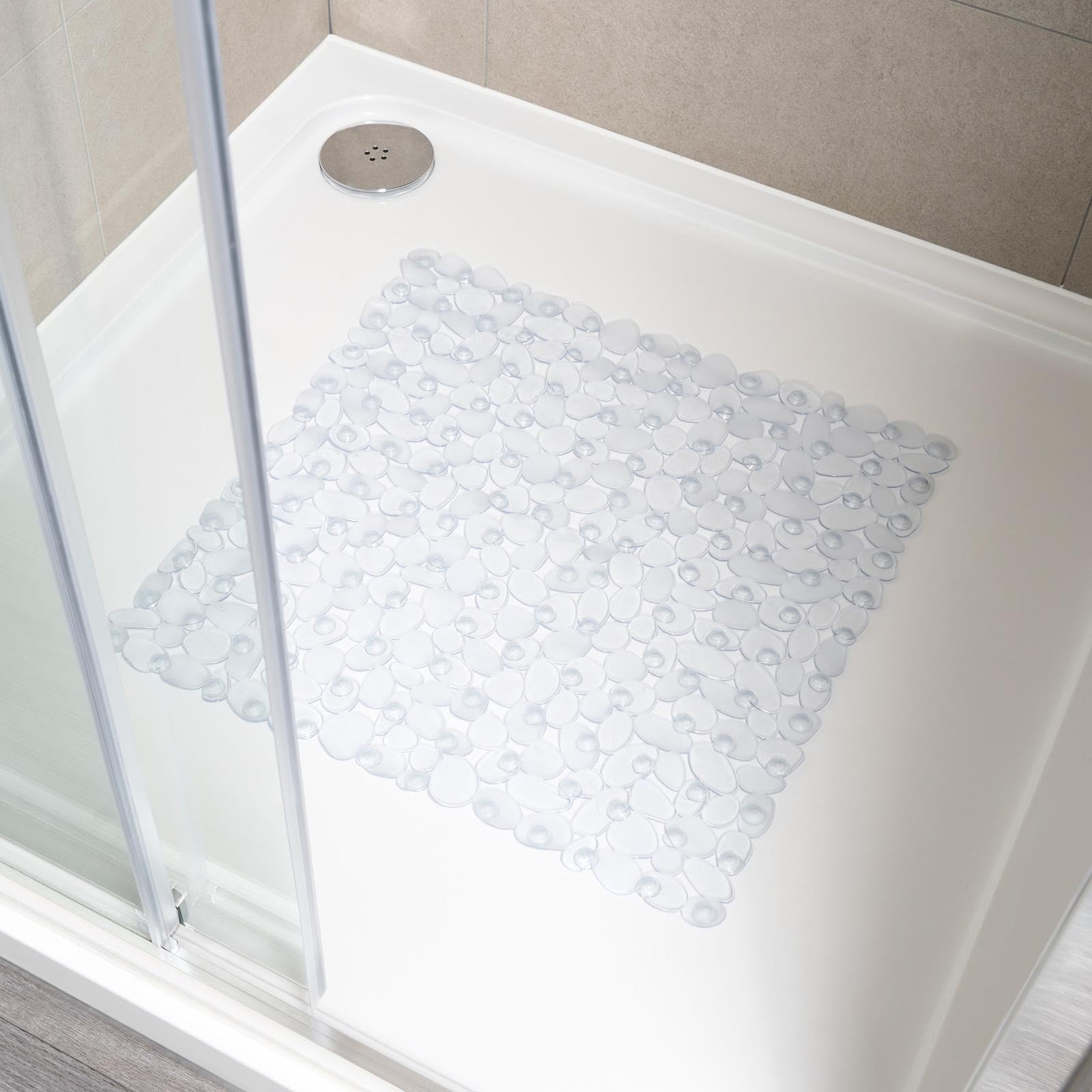 OHS Shower Mat Non Slip Anti Mold & Mildew with Strong Suction Cups Grip and Drain Holes Soft on Feet PVC Shower Bath Mat Machine Washable Bathroom Mats, Clear - 50 x 50cm