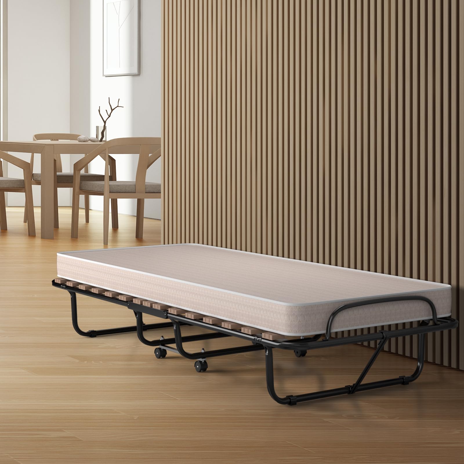 GIANTEX Letto Pieghevole, Singolo con 4 Ruote, 4 Gambe in Mettallo, Fibbia Fissata, 80 x 190 cm, Materasso di 10 cm, Ideale per Viaggio e di Riserva
