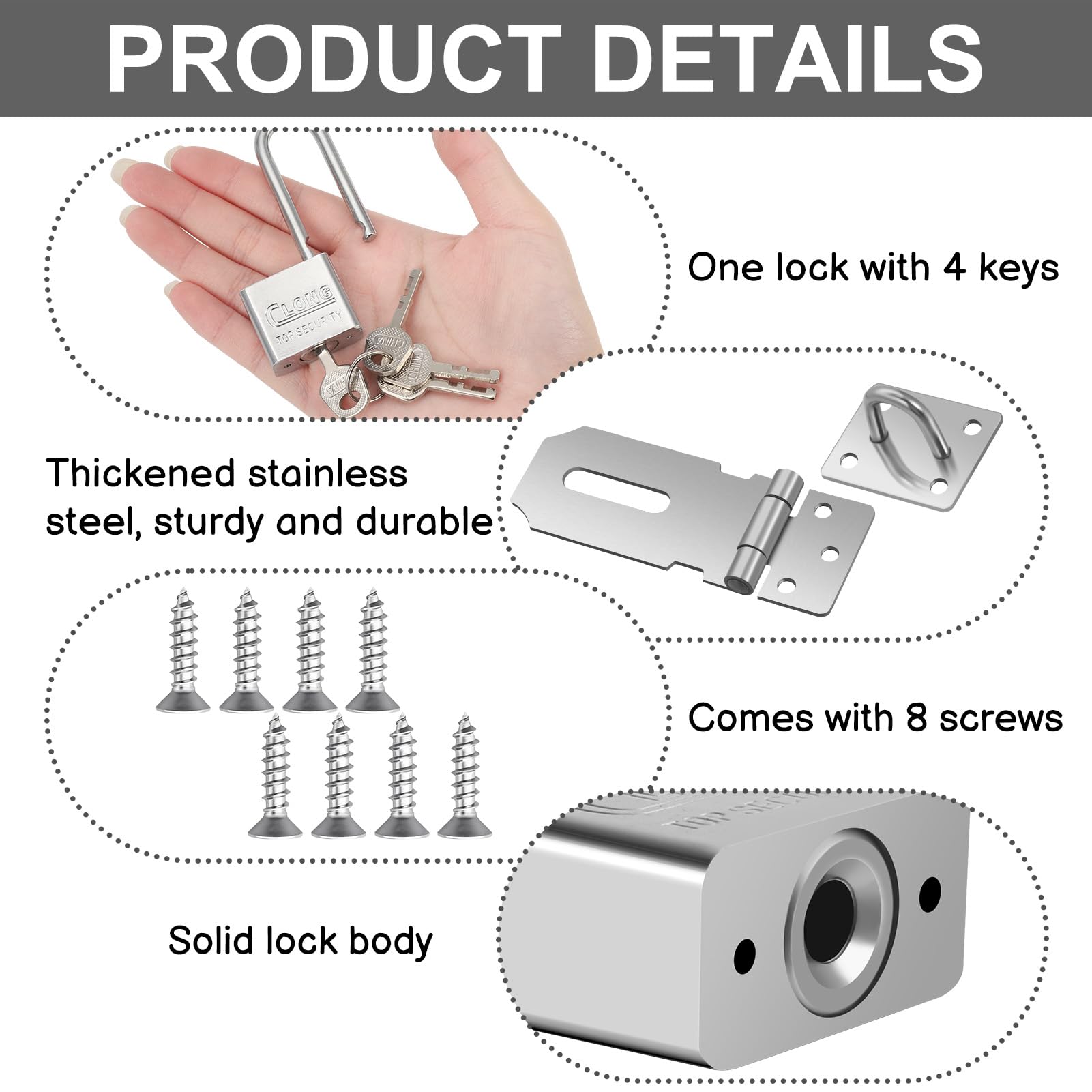 Saerryor Door Hasp and Staple with Padlock, Heavy Duty Shed Lock Hasp and Latch, Sliver, regular - Image 3