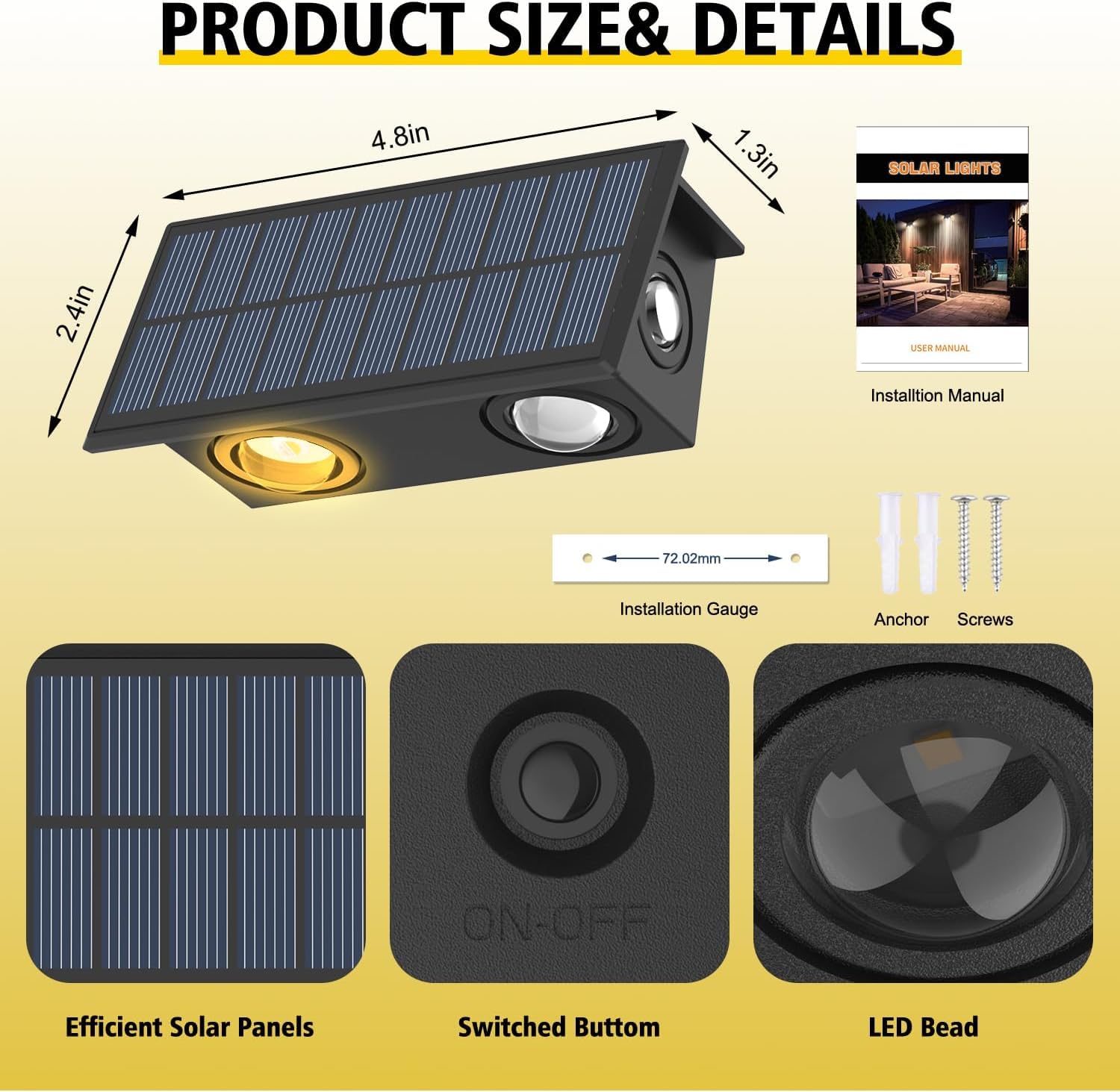 NATPOW Aplique Solar Pared Exterior, 4 Piezas Luz Solar Exterior Pared Blanco Cálido, Luces Pared Solar con Iluminación en Tres Direcciones, IP65 Impermeable para Patio, Valla, Porche, Garaje