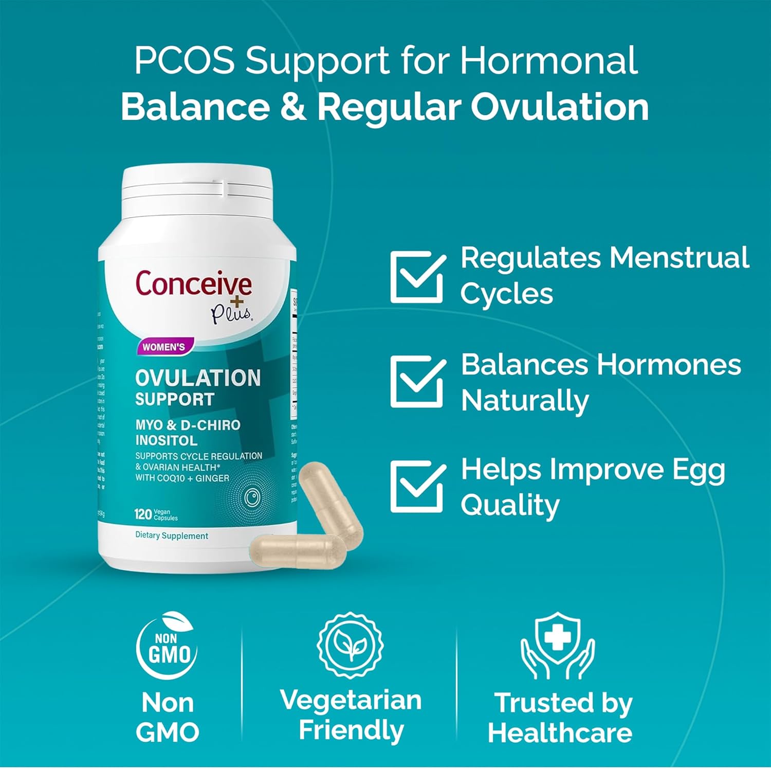 CONCEIVE PLUS Ovulation Support | Myo-Inositol & D-Chiro Inositol for Women Fertility | PCOS Supplements for Reproductive Health Hormone Balance for Women | COQ10, Folic Acid, Ginger | 30 Day Supply - Image 2