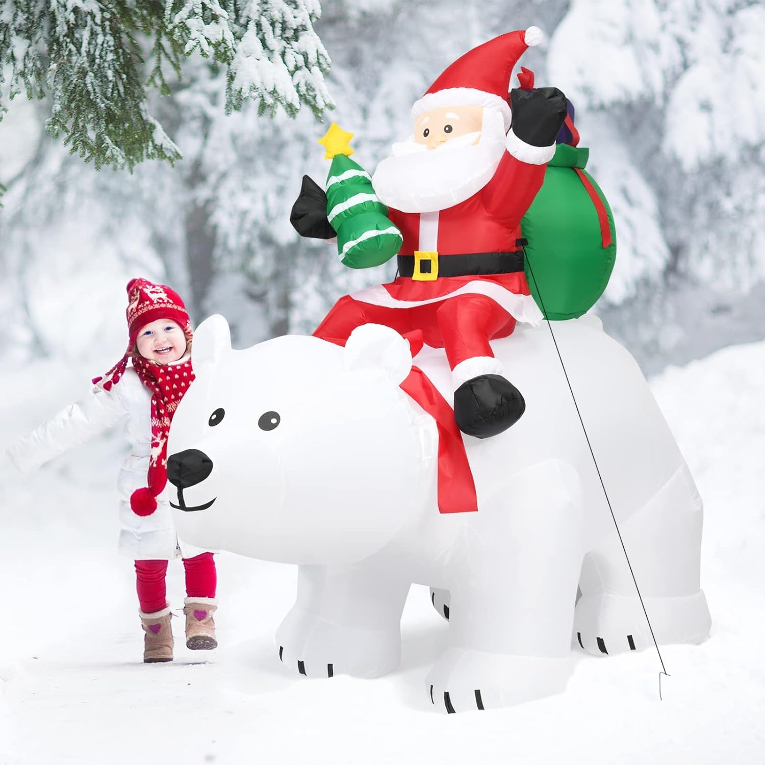 GOPLUS 175CM Papá Noel sobre Oso Polar Inflable con Cabeza Agitada, Decoración Navidad Exterior Iluminada con Luz LED y Accesorios de Montaje, Adornos Navidad Grande para Jardín