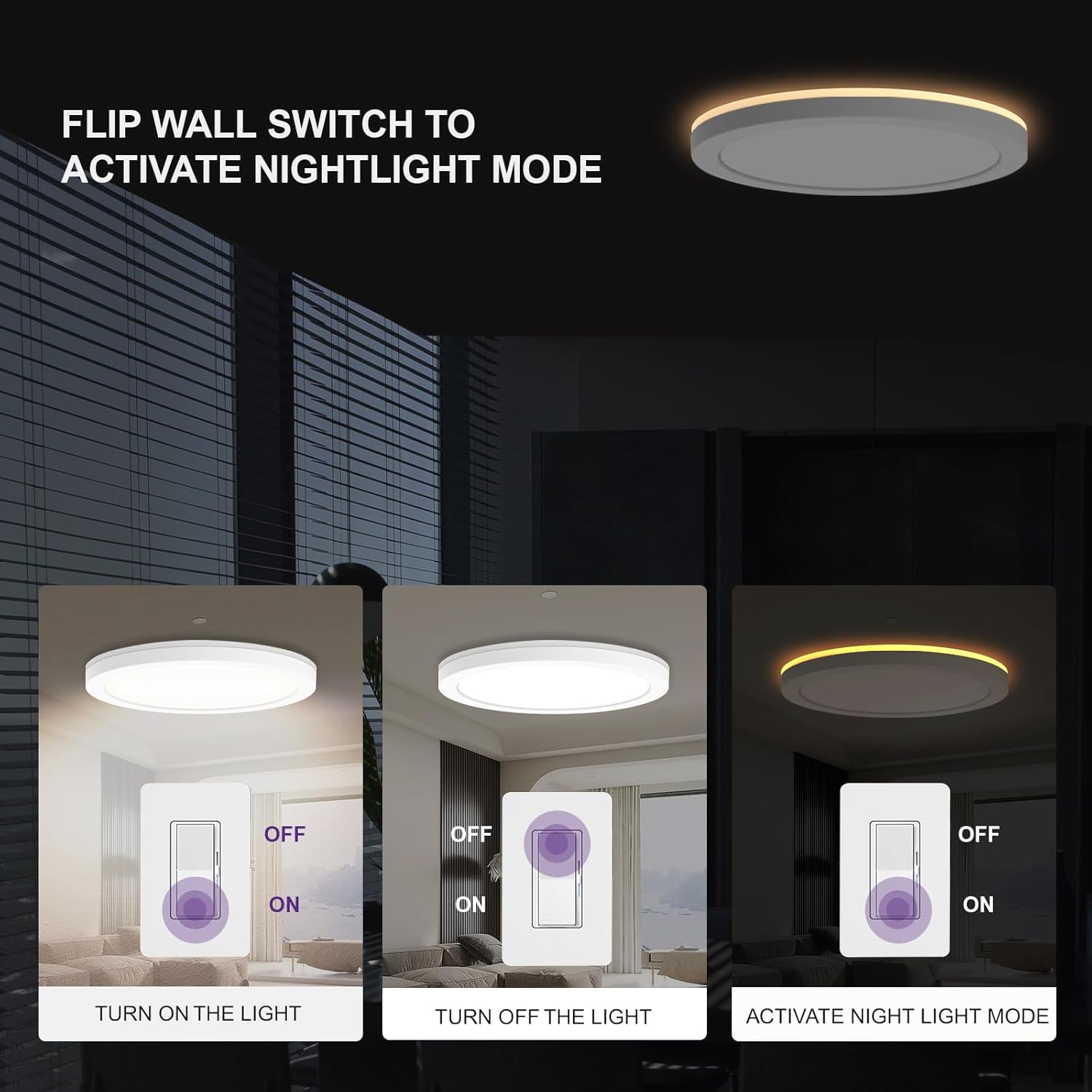 12 Inch LED Flush Mount Ceiling Light Fixture with Night Light, 2700K/3000K/3500K/4000K/5000K Selectable, 24W 1500LM Dimmable Ceiling Lights for Bedroom, Dining Room, Hallway, Stairway, 1PK