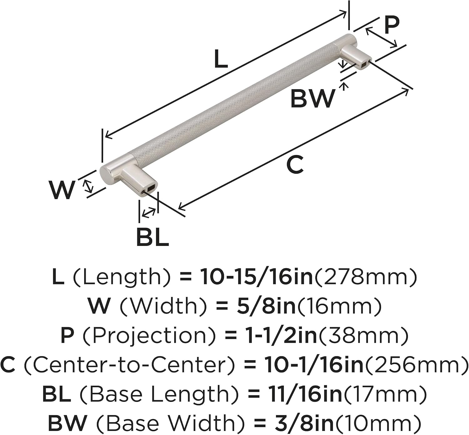 Amerock | Cabinet Pull | Polished Nickel/Stainless Steel | 10-1/16 inch (256 mm) Center to Center | Esquire | 1 Pack | Drawer Pull | Drawer Handle | Cabinet Hardware