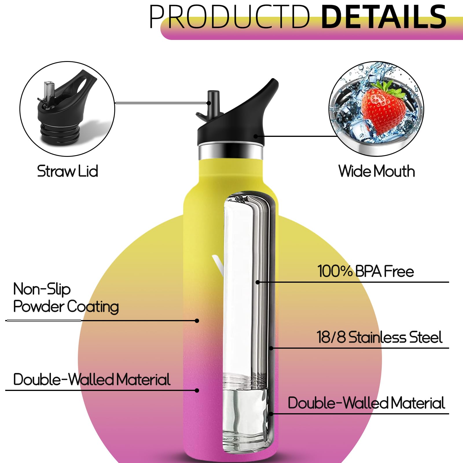 Grsta Borraccia Termica, Senza Perdite Borraccia 500ml, Senza BPA Bottiglia Termica, Riutilizzabile Borracce Acciaio Inox, Borracce Termiche con Cannuccia per Ufficio, Ciclismo, Corsa