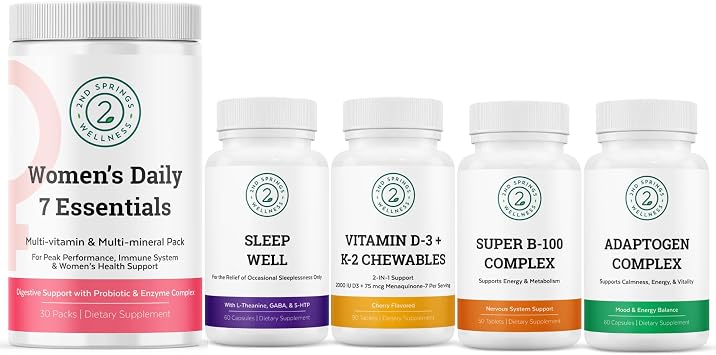 Ultimate Womens Health Bundle - Vitamin D3+K2, Super B-100 Complex, Sleep Well, Adaptogen Complex & Womens Daily 7 Essentials