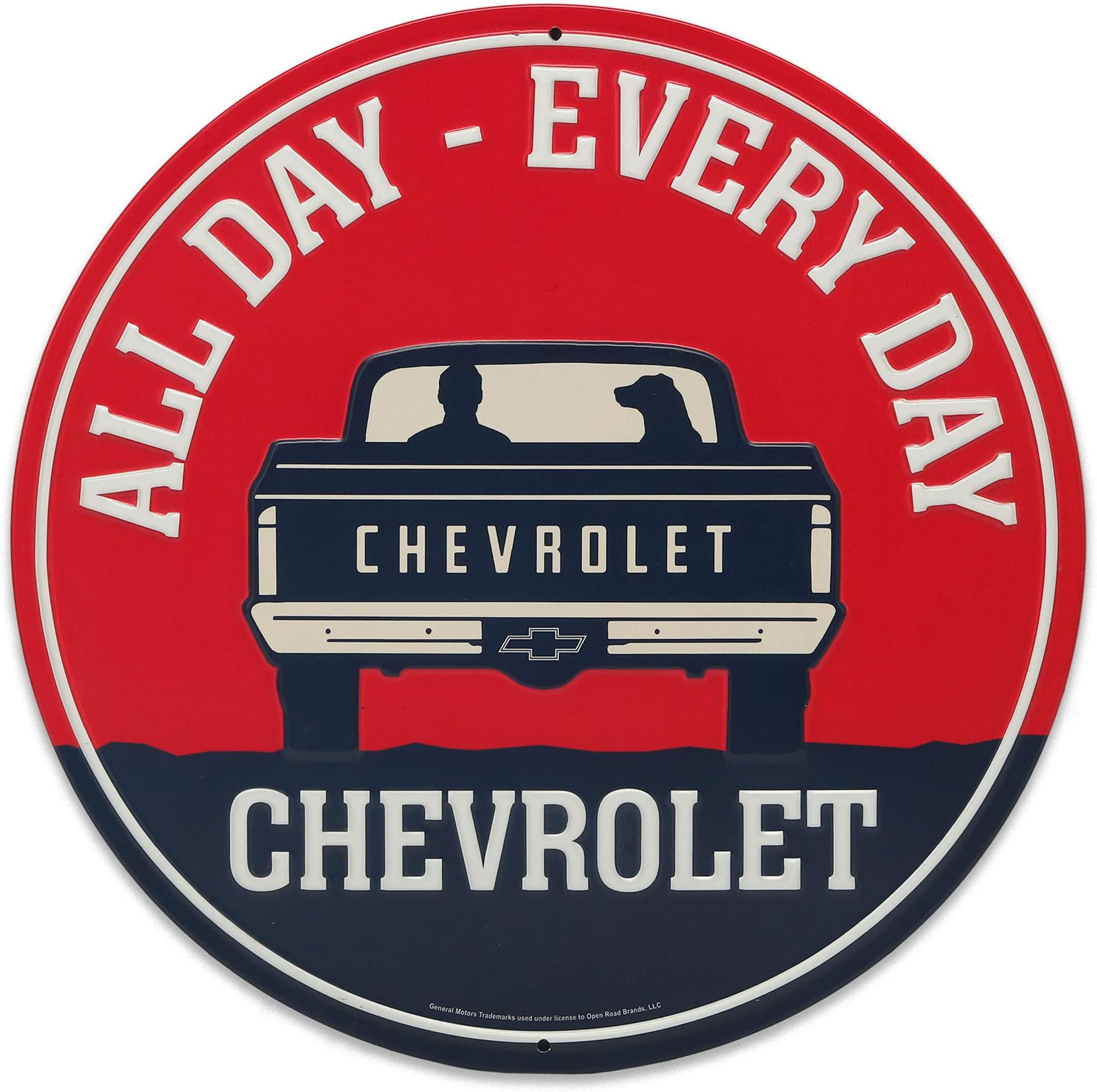 Chevrolet All Day Every Day Round Embossed Metal Sign - Chevy Truck Wall Art for Garage, Shop, or Man Cave