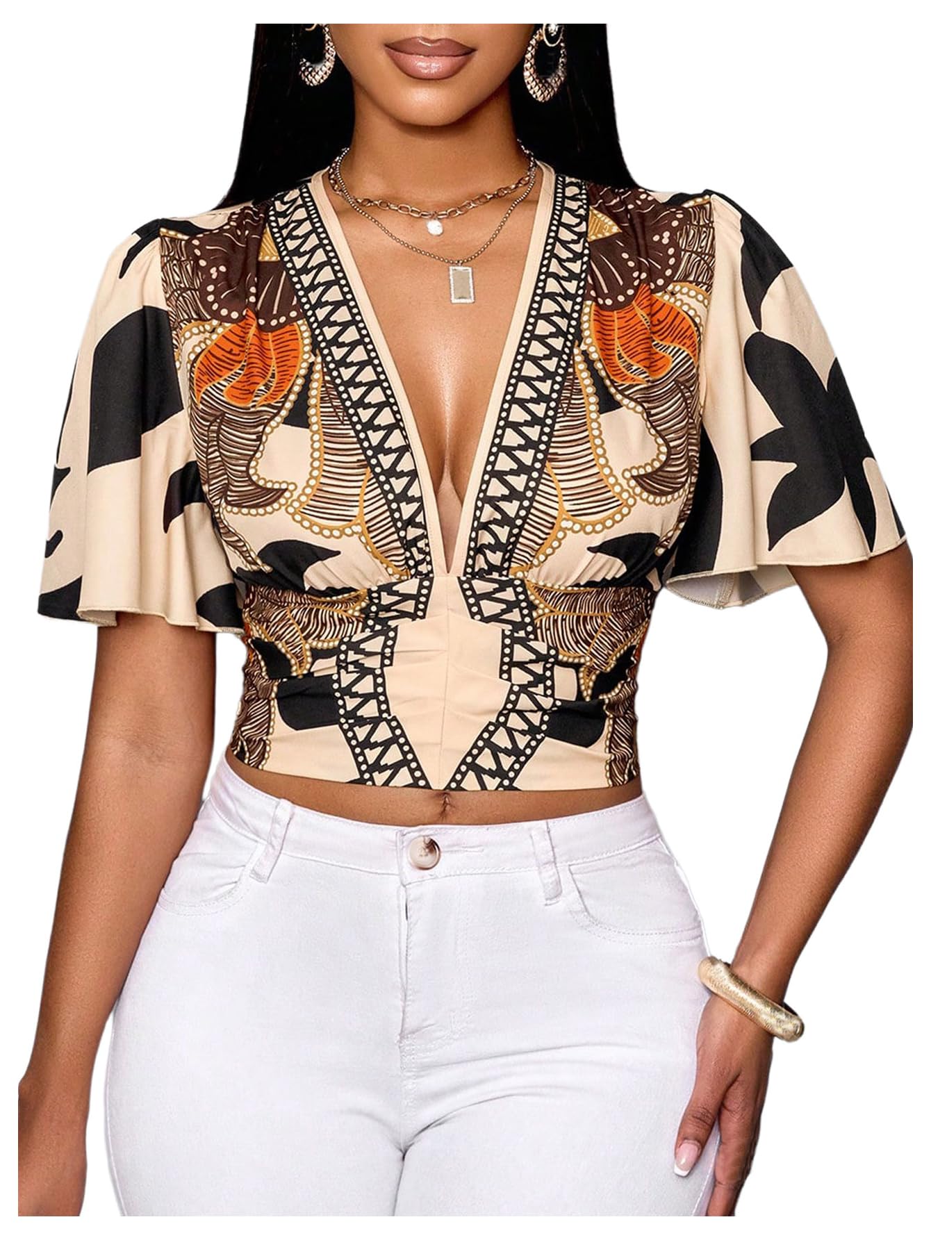 WDIRARA Women's Boho Printed Deep V Neck Short Sleeve Blouse Shirt Summer Casual Crop Tops