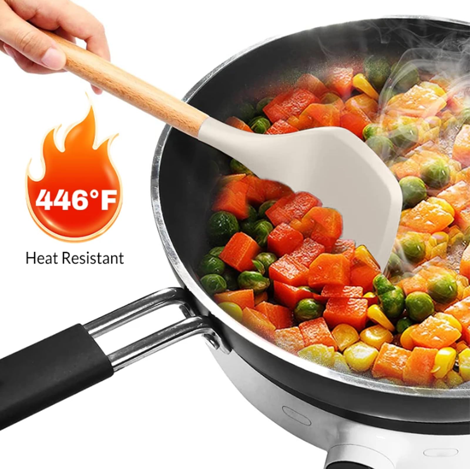 34 Stück Silikon Kochutensilien Kochbesteck Set,Küchenhelfer Set,Hitzebeständiger Kochgeschirr mit Utensilienhalter, Antihaft Kochset Küchenutensilien mit Holzgriff,Tongs,Whisk,Spatula (Beige)