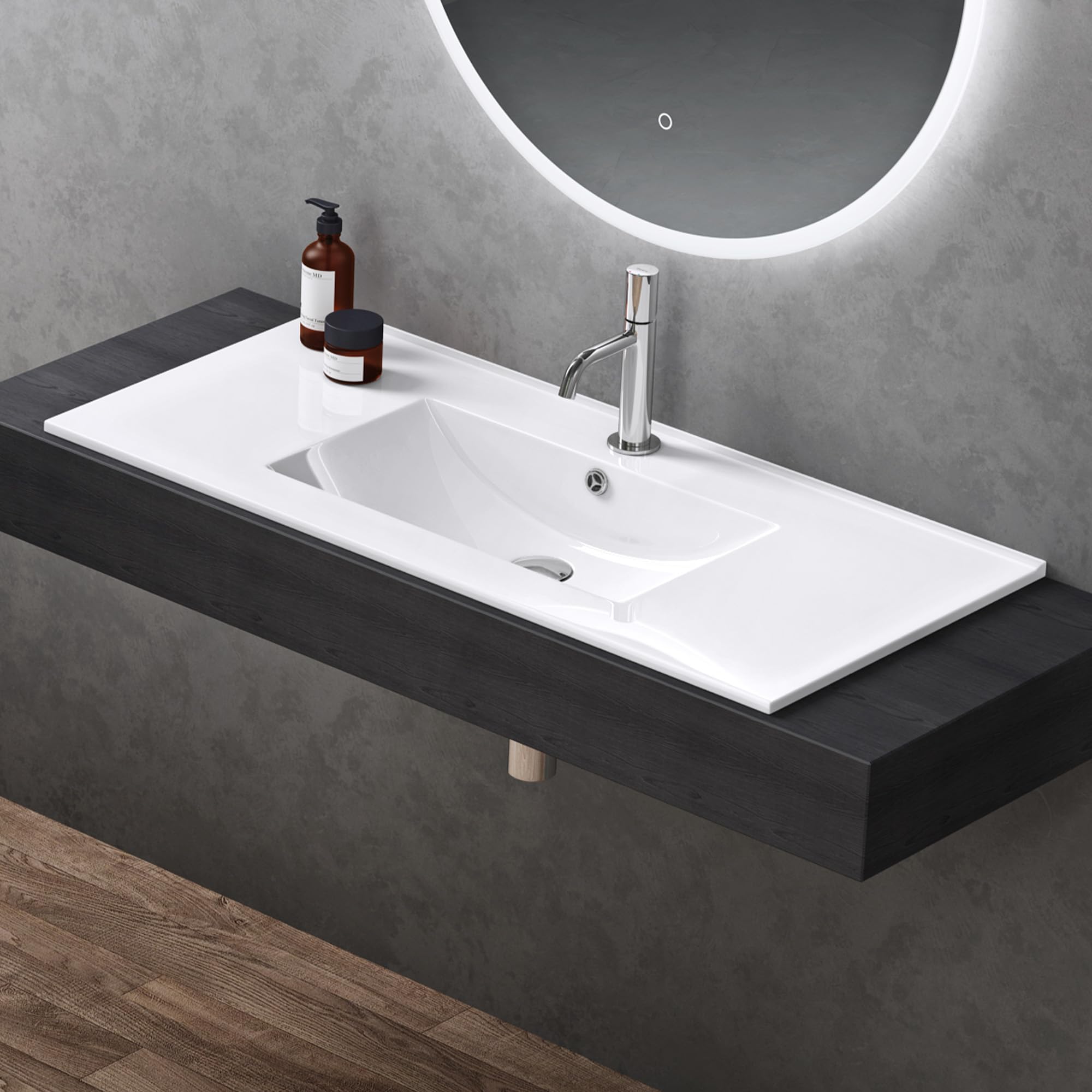 doporro Lavabo da Incasso Rettangolare 100 cm in Ceramica Bianco Lucido, Lavandino Integrato con Foro Rubinetto, Installazione su Mensola o Mobile Bagno Brüssel912
