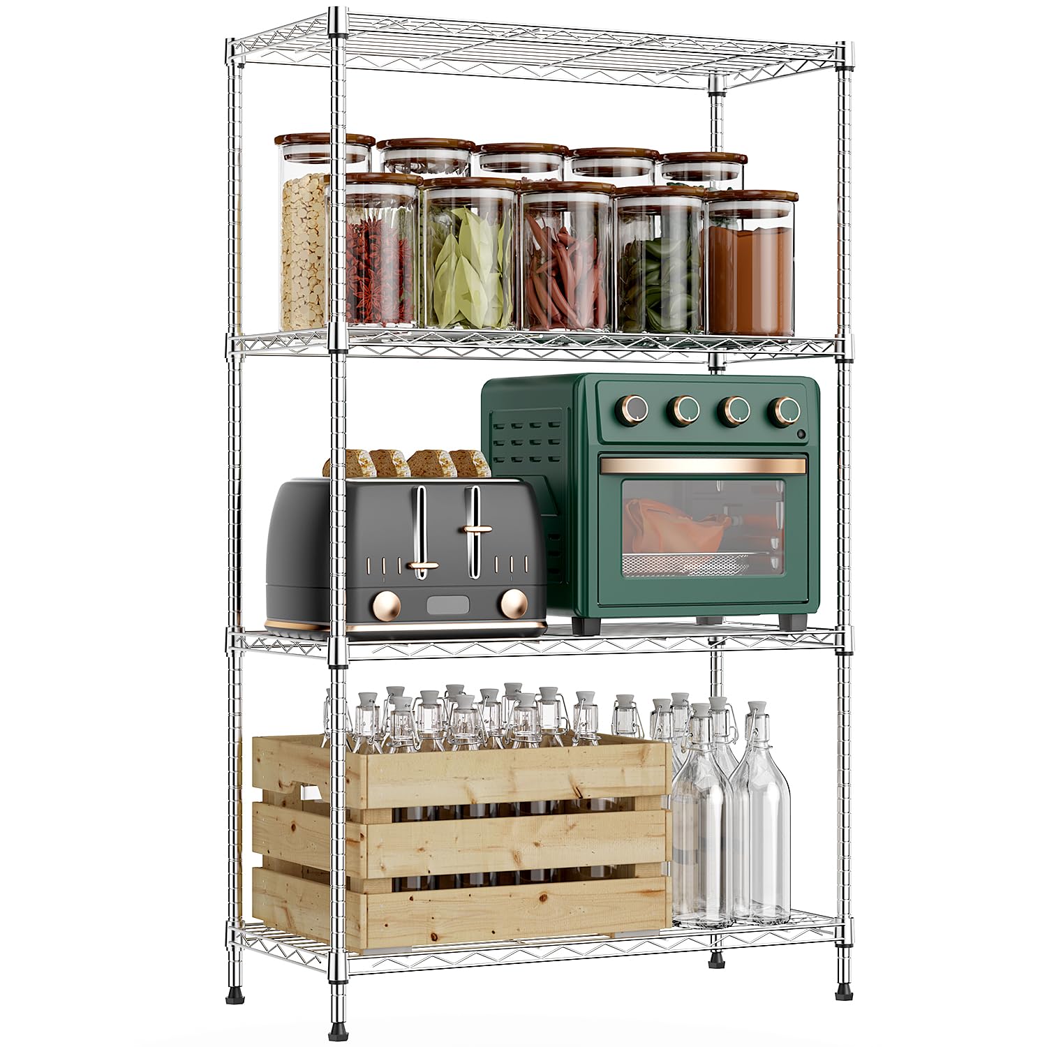 M MZG Storage Shelves 4 Tier Heavy Duty Metal Storage Unit With Height Adjustable Shelves and Levelling Feet 454 kg Load Weight Organizer for Garage, Laundry, Kitchen 35 x 75 x 120 cm Chrome