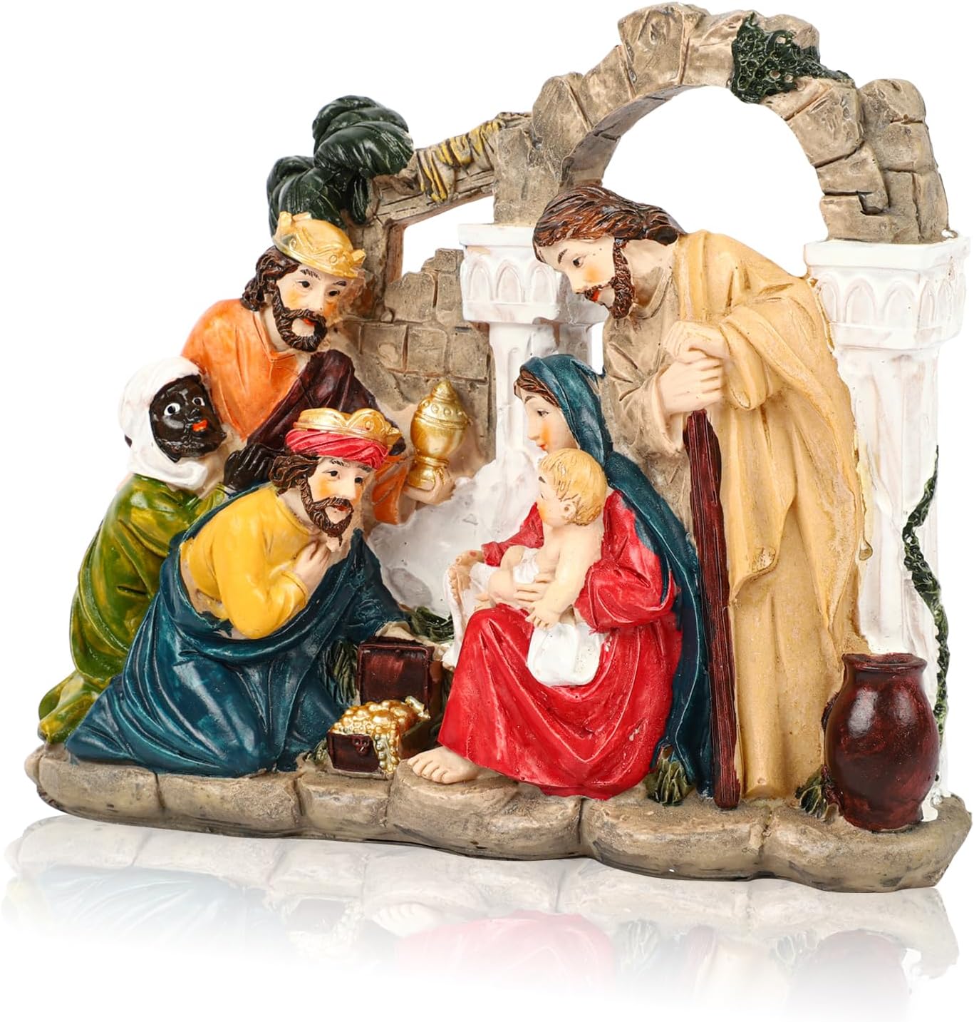 Mayoii Nativity Set, Christmas Nativity Scene with 3 Wise Men, Resin Material Nativity Set with Figures Christmas Decoration (7.28" H x 6.3" W x 3" D)