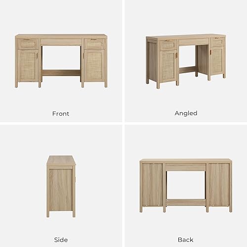 Miniatura 9 de SICOTAS Tocador de Ratán para Oficina en Casa - 52" Gran Mesa Tocador de Maquillaje Estilo Granja Bohemio con 3 Cajones y 2 Gabinetes