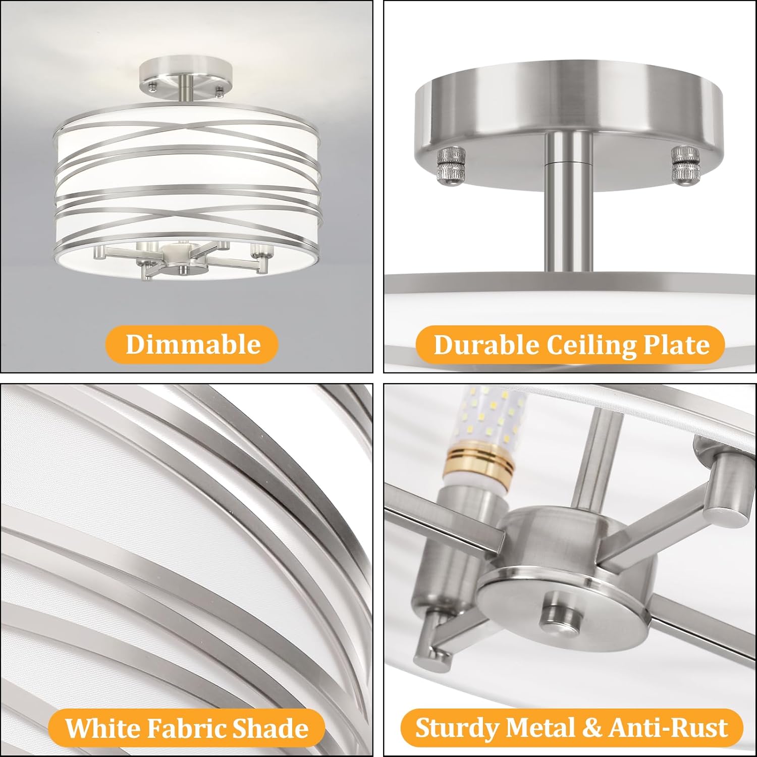 TOULMJ 4-Light Semi Flush Mount Ceiling Light, Brushed Nickel Drum Chandelier with White Fabric Shade, Modern Farmhouse Light Fixtures for Kitchen Island Laundry Room Hallway Dining Room