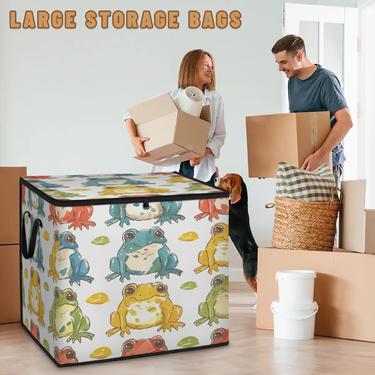 Honeybaby 214L Extra Large Comforter Storage Bag Colorful Frogs Storage Totes with Lids Waterproof Closet Organizer Folding Blanket Storage Bags for Clothes Bedding Pillows