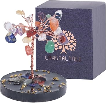 Pretty Jolly Small Mini 7 Chakra Healing Stones Crystals Tree of Life Positive Energy Gemstone Money Tree Meditation Reiki Gifts with Acrylic Glue Base for Home,Office,Desk Feng Shui DecorRainbow