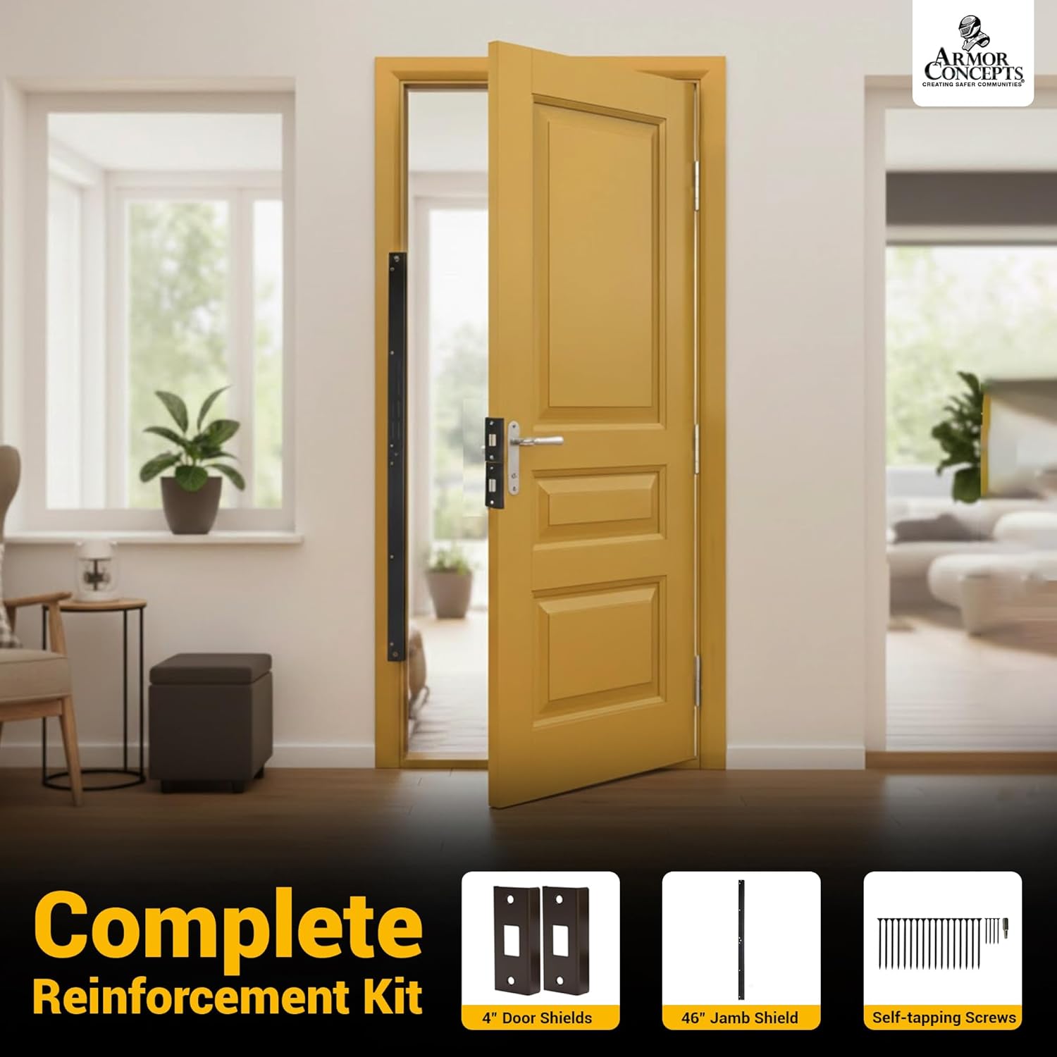 Door Armor MINI 3-Piece Door Reinforcement Kit – Door Jamb & Frame Security Plate for Anti Kick-in Protection, Front Door Security Device, Deadbolt Reinforcement Plate, Made in USA (Aged Bronze)