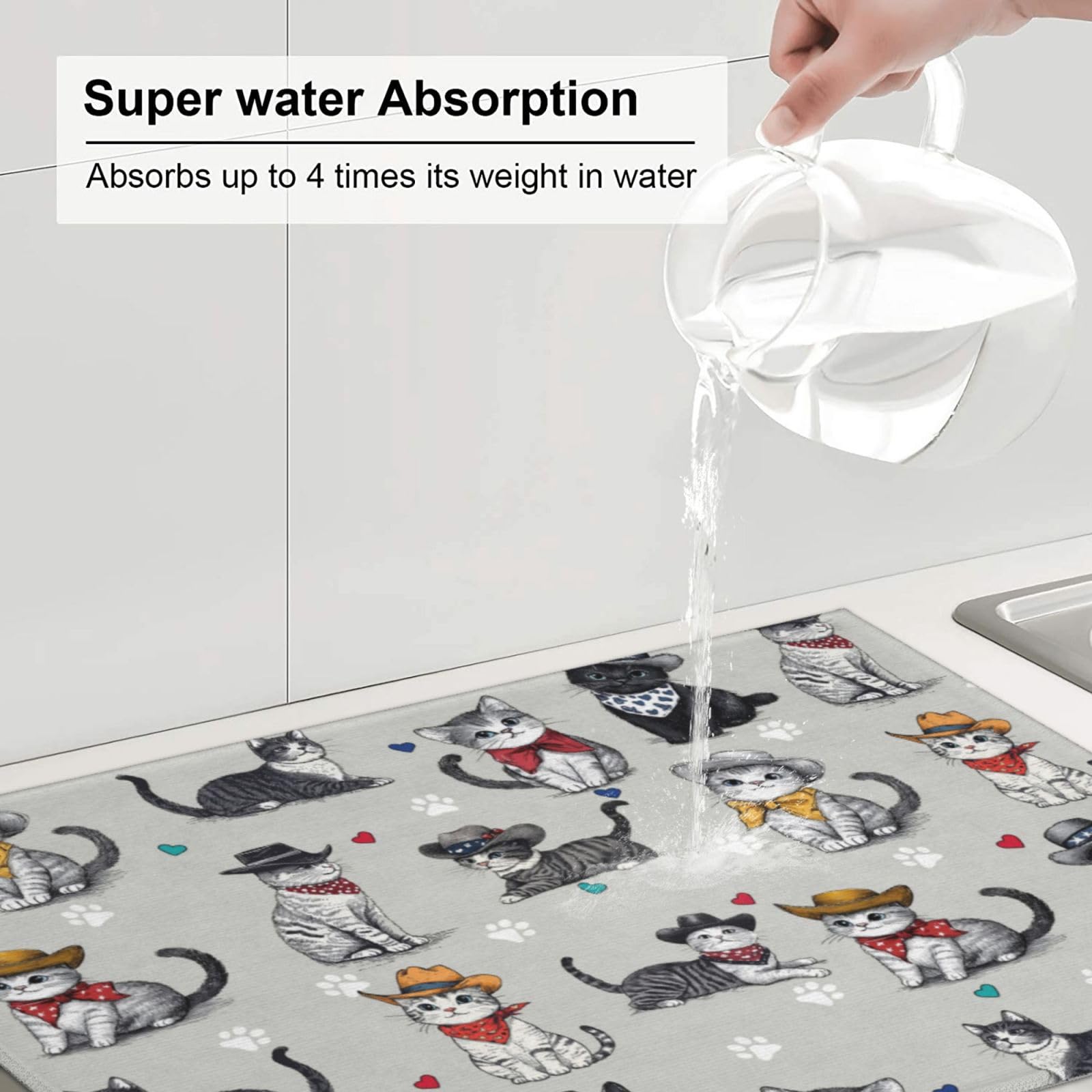 Tapete de secado de platos para gatos y amantes de las mascotas, 18 x 24 pulgadas, para encimera de cocina, tapete de microfibra absorbente, escurridor de platos, tapetes de secado rápido, accesorios