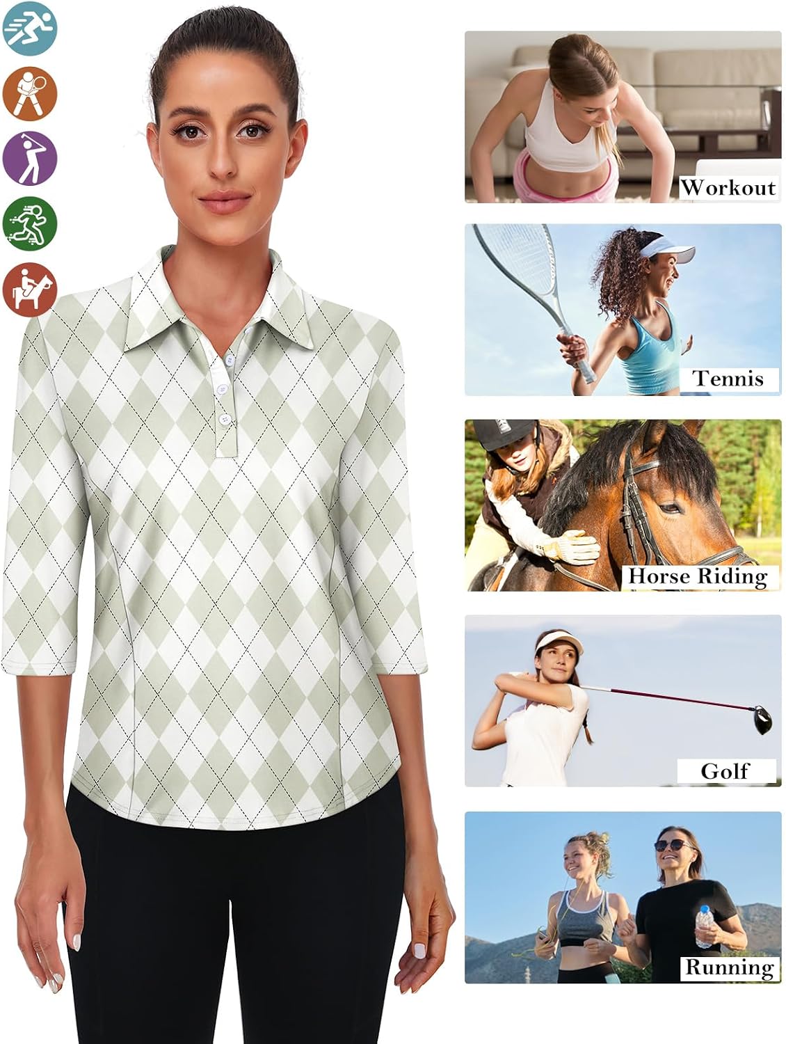 Zamowoty Womens Golf Shirts 3/4 Sleeve Slim Fit Casual V Neck Tops Fitness Workout Sports Leisure Button Down Shirt UPF 50+ Sun Shirt Green Argyle Small