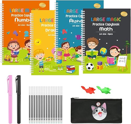 Paquete de 4 cuadernos grandes de práctica mágica para niños, control de bolígrafo, práctica de habilidades de escritura para preescolar, bolígrafo