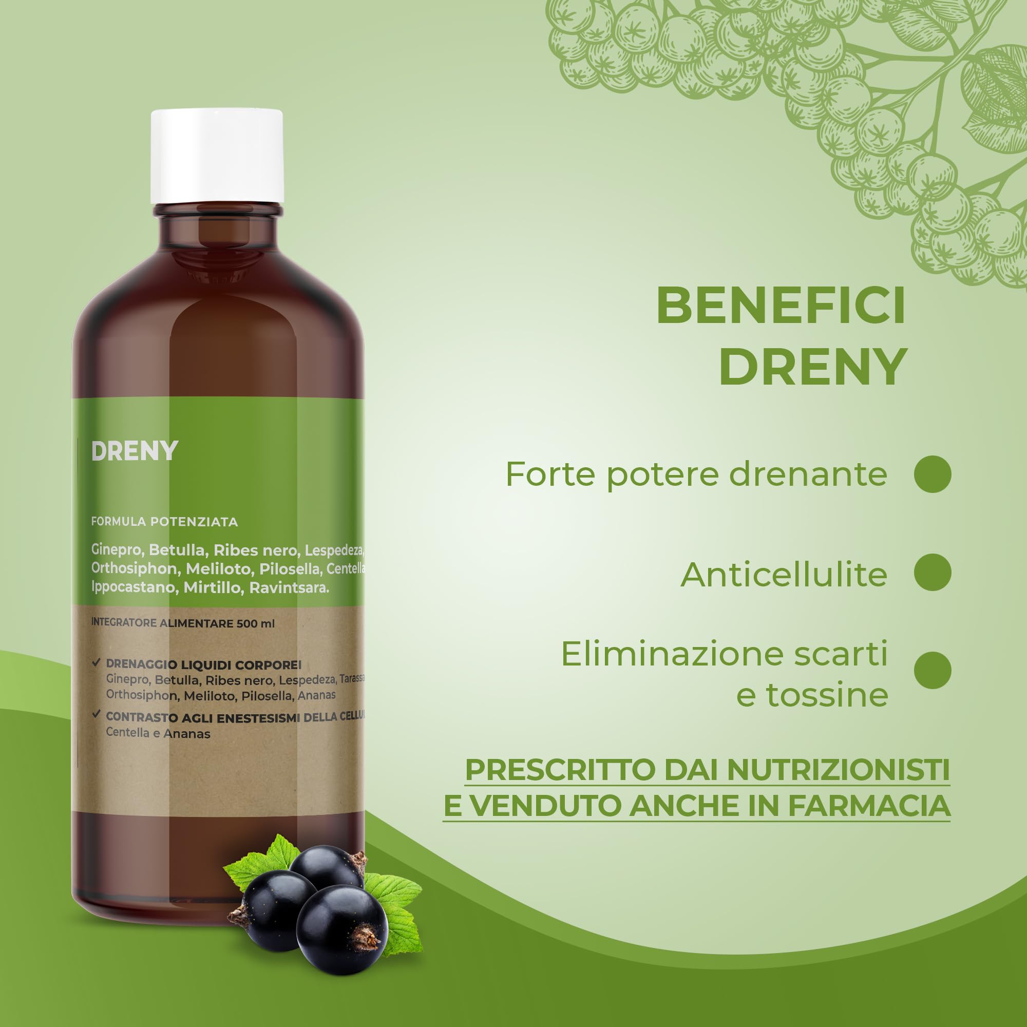 JEA DRENY Drenante Forte Anticellulite con 13 Estratti Naturali ad Alto Dosaggio al Sapore di Thè alla Pesca - Detox da 500ml per Gambe e Corpo