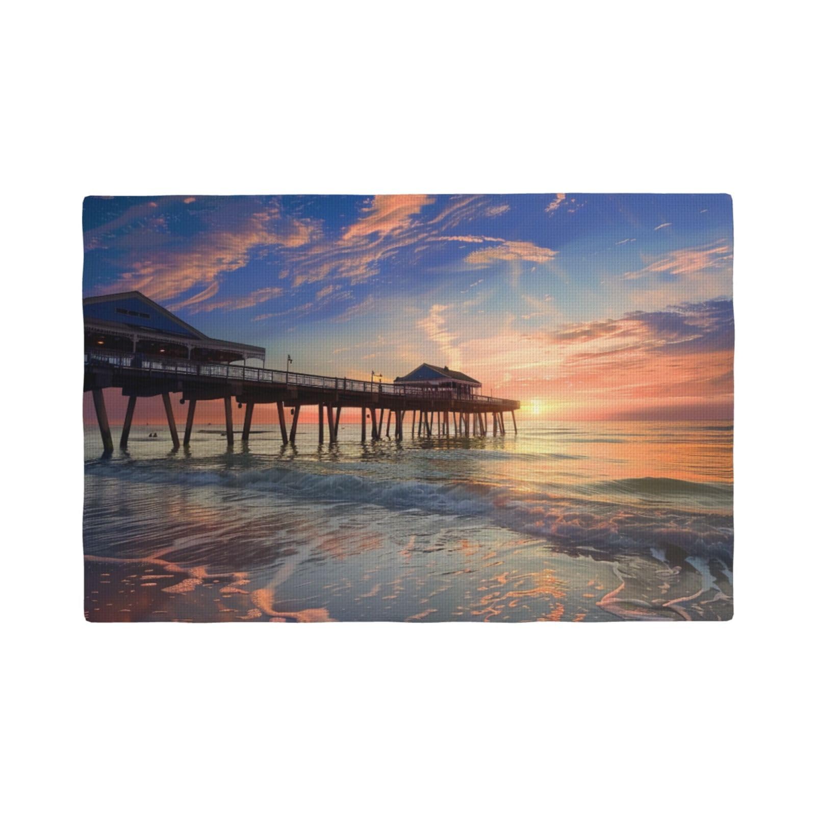 sunset at the beach bridge Print Placemats Set, Heat Resistant Washable Placemat 12x18in Table Mats for Party Kitchen Dining Table Decoration Indoor Outdoor, Six Piece