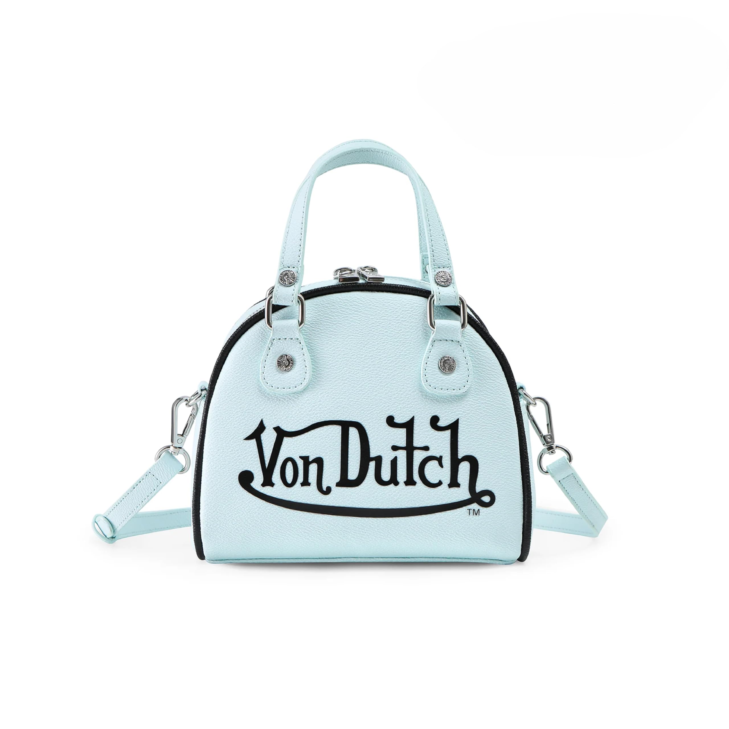 Von Dutch Mini Bowling Bag | 6.8” Vegan Leather Crossbody with Logo Hardware, Top Handles & Branded Interior Pouch, Tiffany Blue