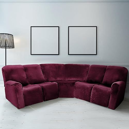 Miniatura 6 de Peryiter 7 fundas para sofá reclinable seccional en forma de L, fundas para sofá modular de 5 asientos, terciopelo de seda láctea, funda elástica