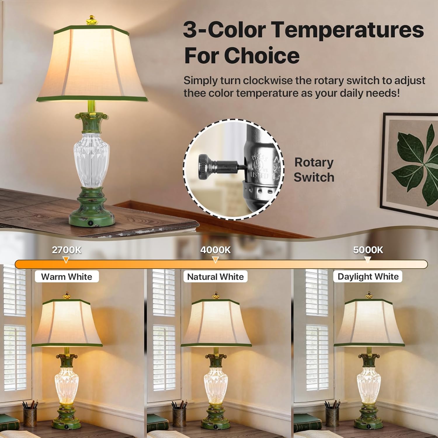 vallerico 28.5" Vintage Table Lamps Set of 2 with USB Ports, Resin Green Farmhouse Nightstand Beside Lamps for Living Room Bedroom, 3-Color Temperatures with Nightlight, Bulbs Included
