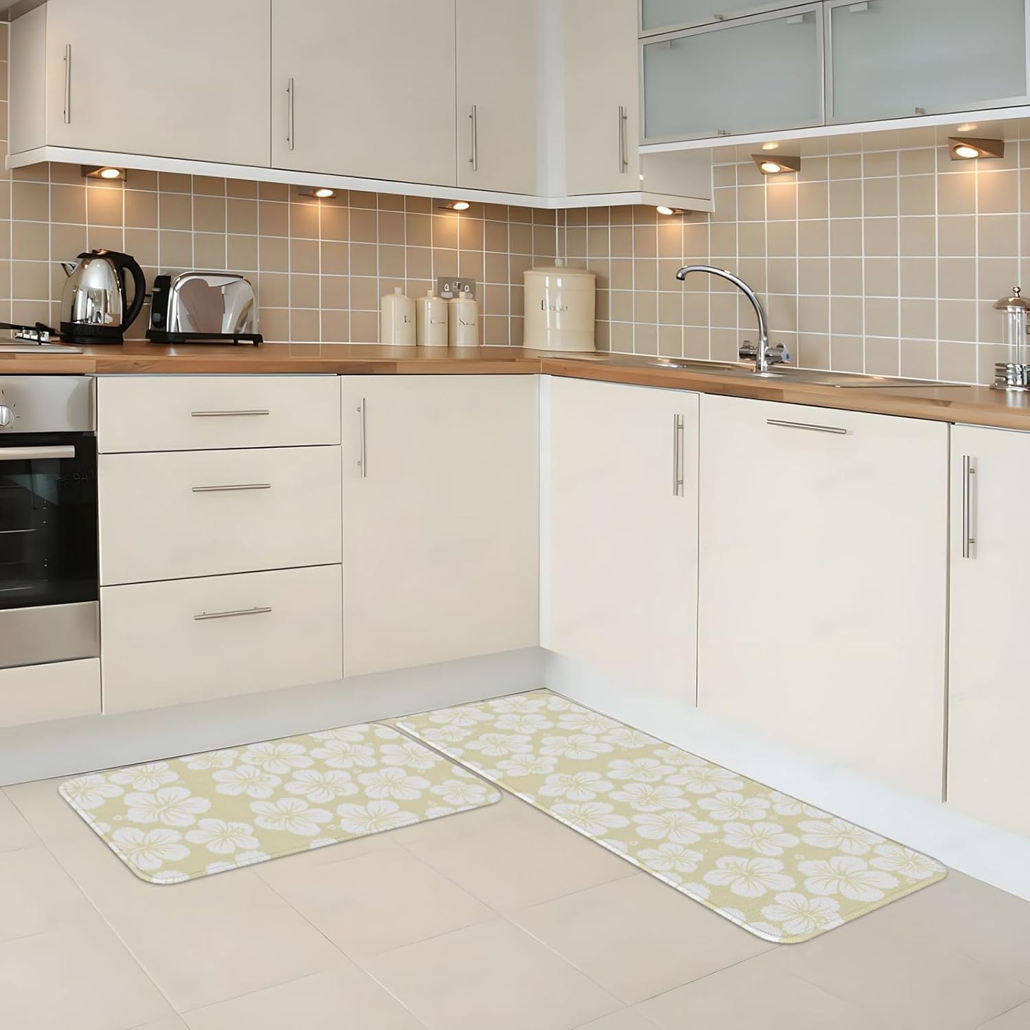 Hibiscus Flowers Exotic Tropical Floral Pattern Kitchen Mats Set of 2, Home Decor Kitchen Rugs for Floor - 17x29 and 17x47 Inch