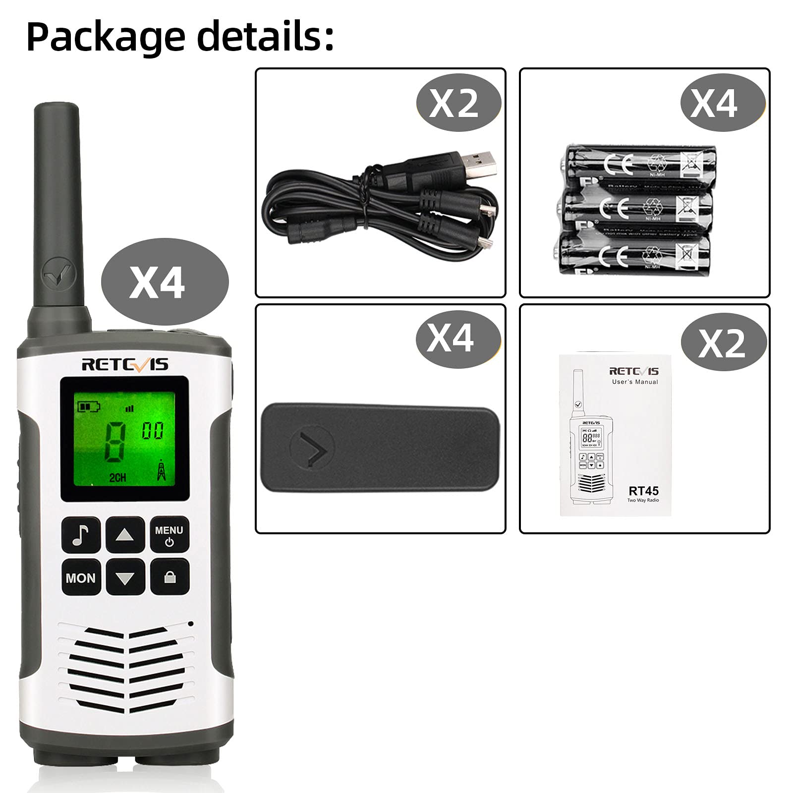 Retevis RT45 Walkie Talkie 4 Piezas, Profesional Walkie Talkies Recargable | Radio Set para Escuela, Campo Familia Hotel Almacén, Licencia Libre, 16CH USB VOX LED Linterna, Cerradura con Teclado