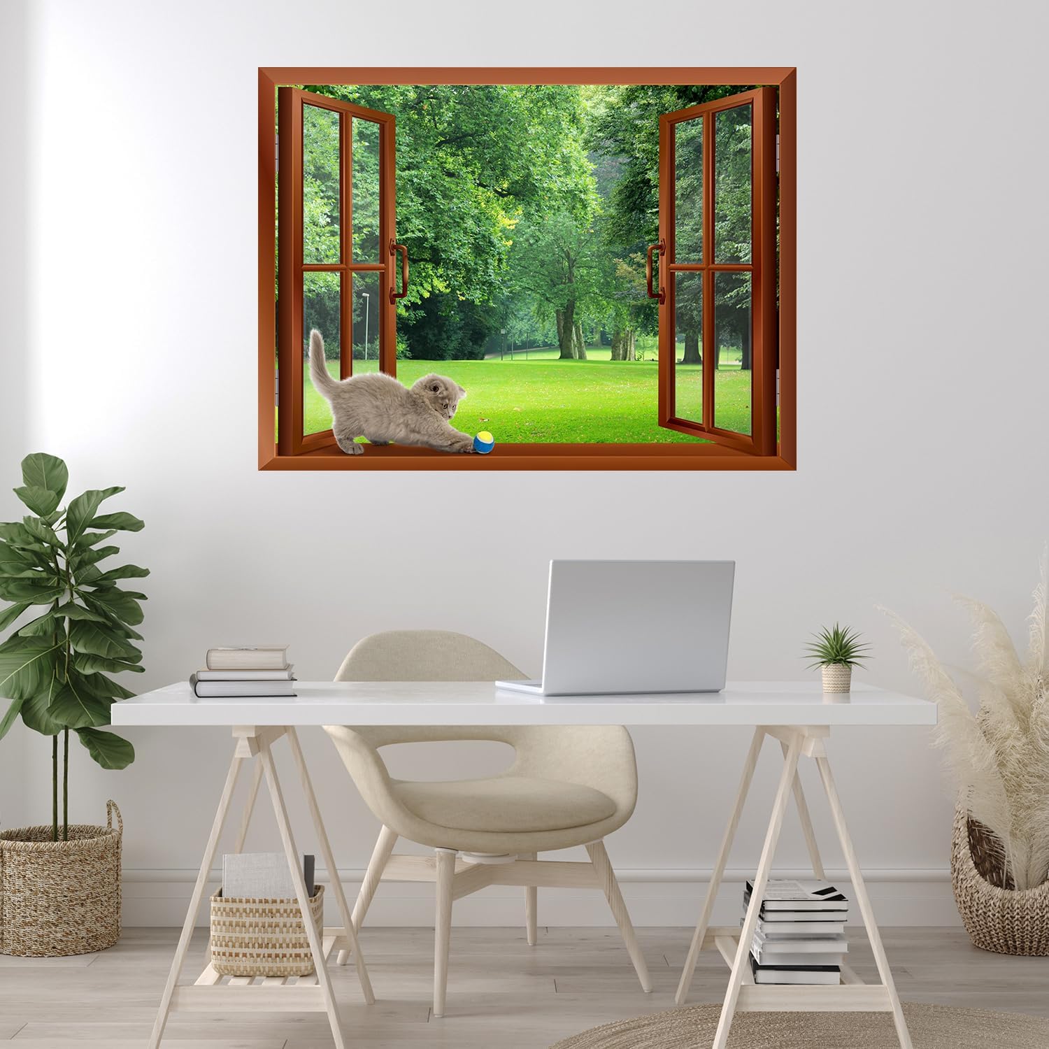 wall26 - A Cat Playing with a Tennis Ball on The Windowsill | Removable Wall Sticker/Wall Mural - 36"x48"