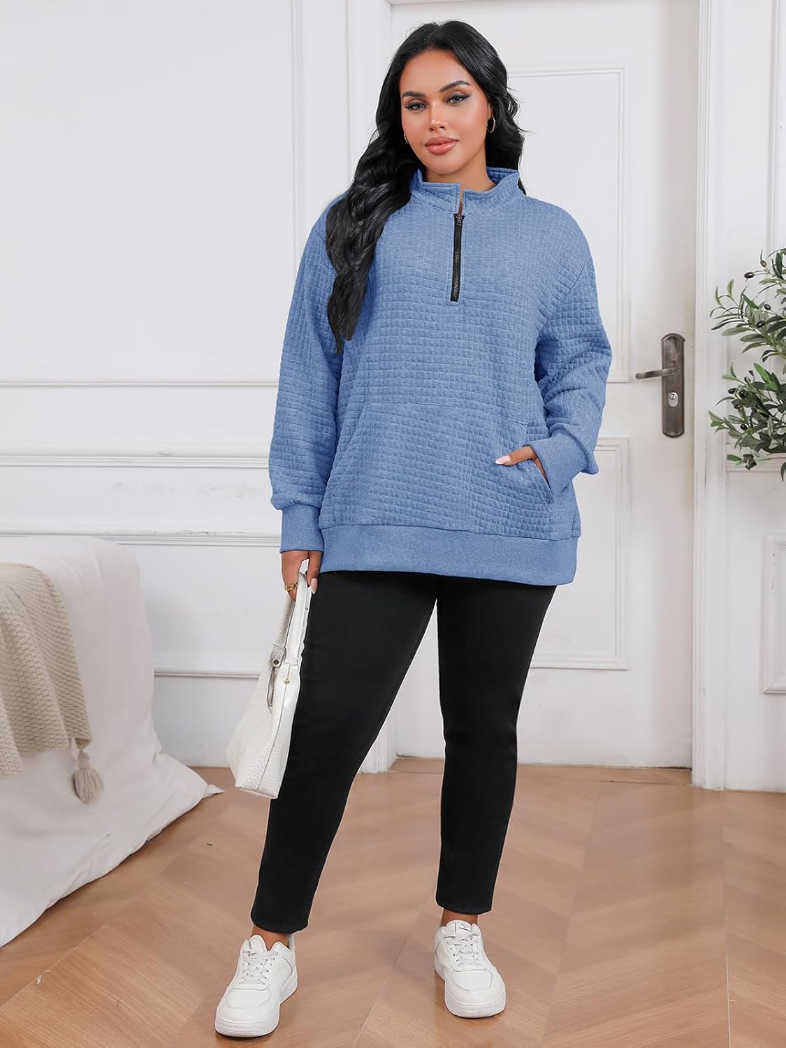 Plus Size Sweatshirts For Women Half Zip Long Sleeve Casual Fall Pockets Pullover Oversized Drop Shoulder Top - Image 6
