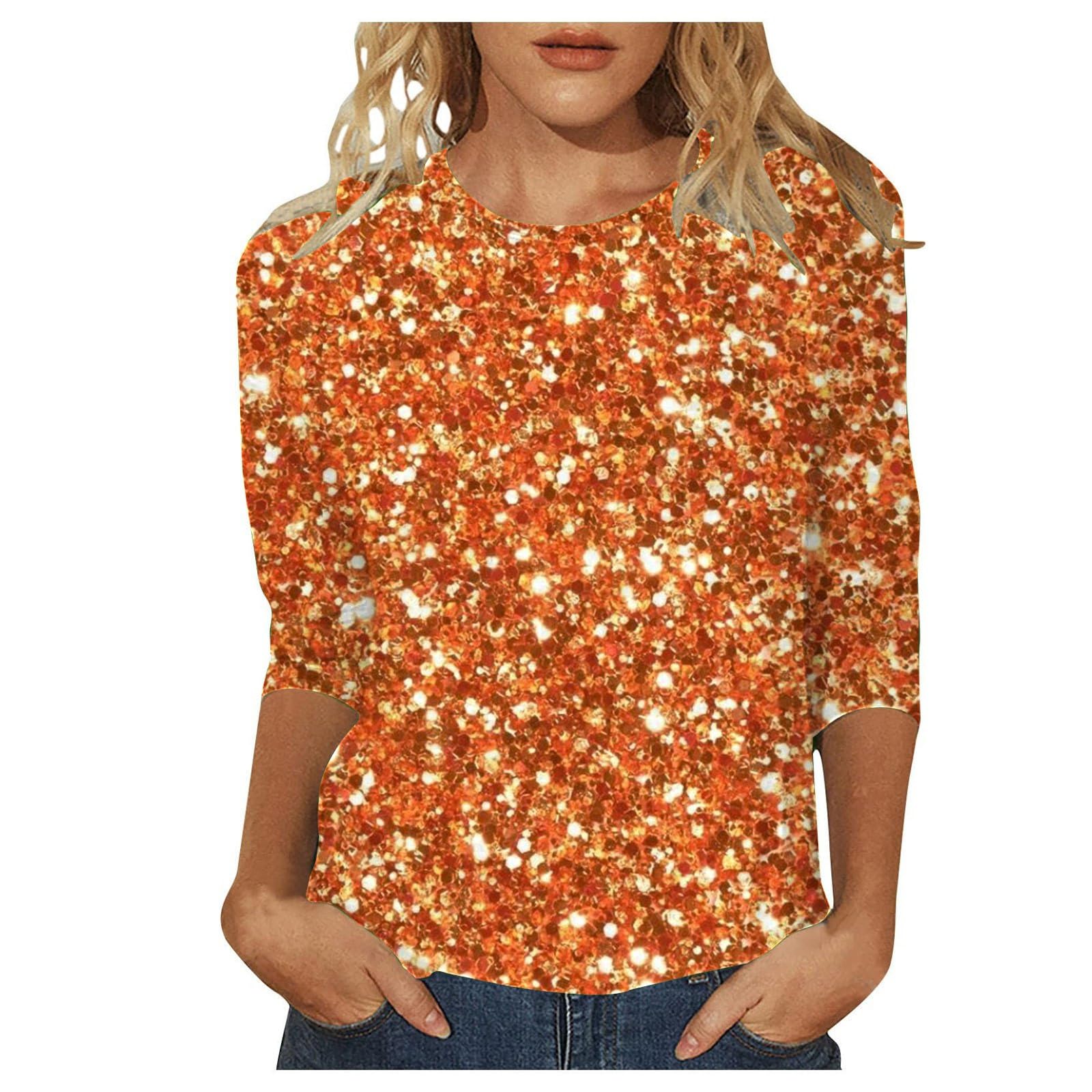 Haut à Paillettes Pour Femme Manches Longues Vert Maille Froide - T-Shirt Ample Épaules Brillantes