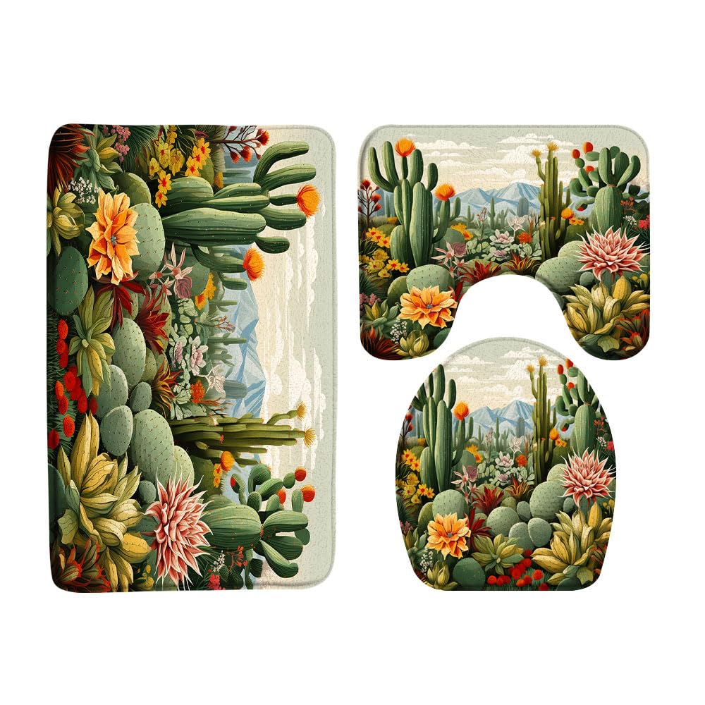 Cactus 3 Pcs Bath Rugs Set,Tropical Succulent Plant Green Cacti Flower Mountain Desert Landscape Modern Boho Bathroom Kitchen Rug with 17.8