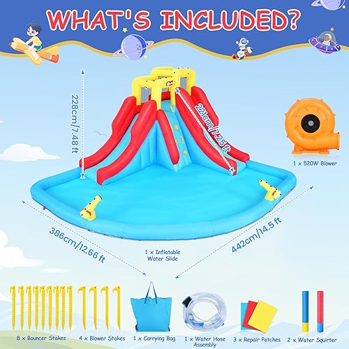 Vista 26 de ROOJER Casa inflable de doble tobogán acuático para niños patio trasero 10 en 1 parque acuático inflable con soplador, piscina de chapoteo, pared