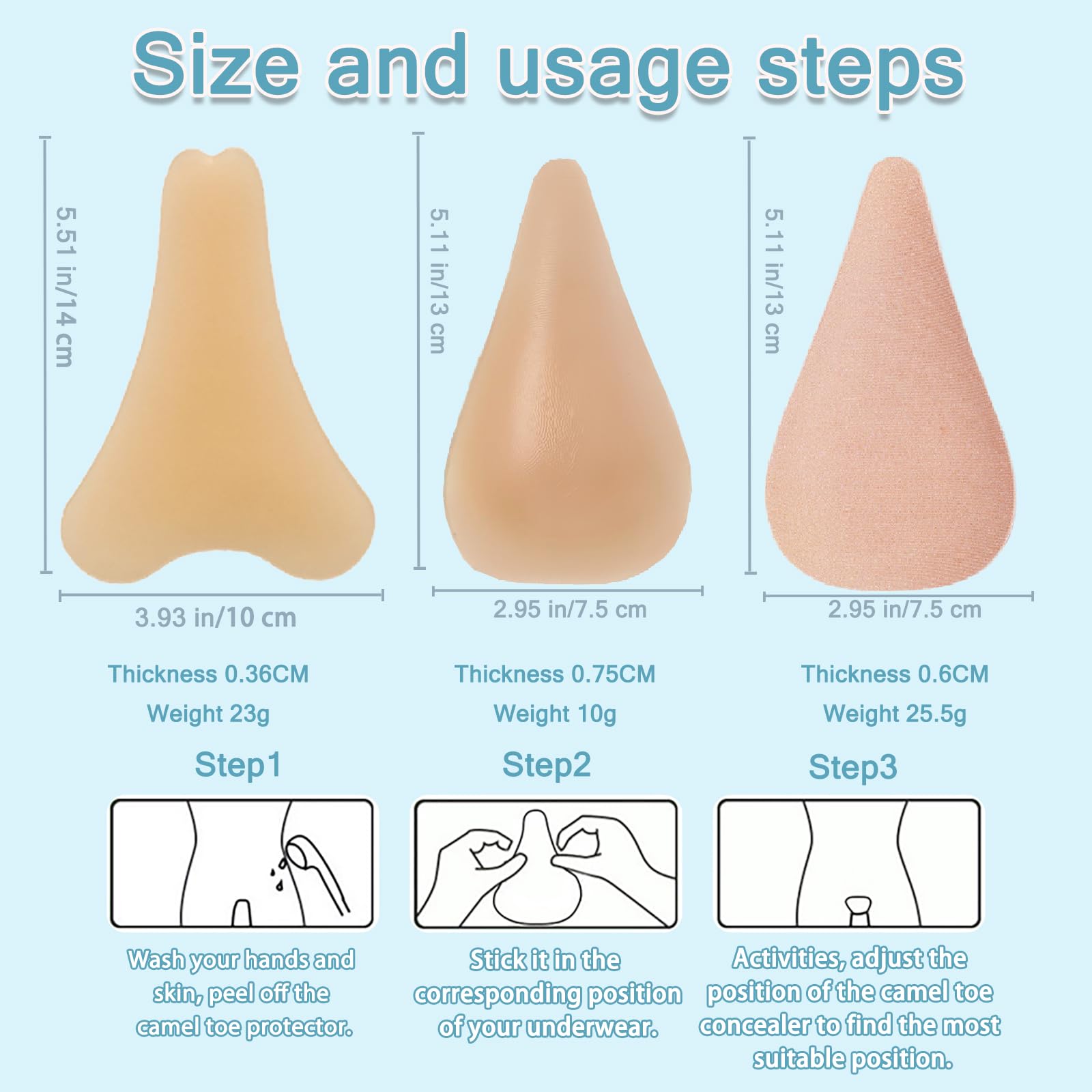 3 Pièces Protections Anti Camel Toe Silicone, Beige | Inserts adhésifs réutilisables masquent le moulage intime, offrant un rendu invisible sous maillots de bain et leggings